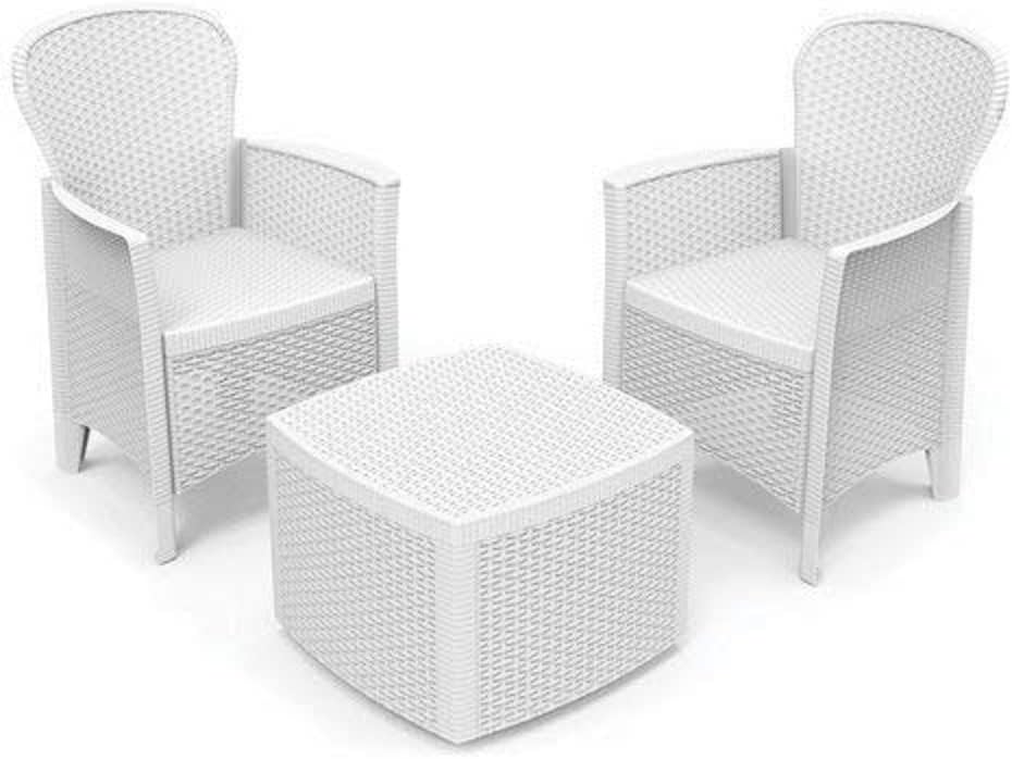 Set mobili da giardino, Composizione da giardino con 2 poltrone ed 1 tavolino contenitore, Bianco, 100% Made in Italy, Salottino effetto rattan, Dmora
