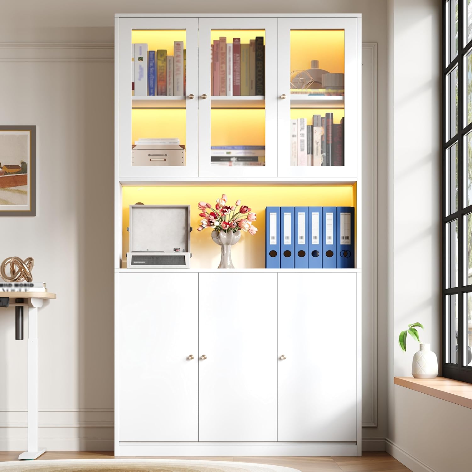 Vetrinette, scaffale con vetrina, Libreria bianca 35 × 100 × 200 cm con ante in vetro, scomparto aperto e 3 ante, NADEUSAK