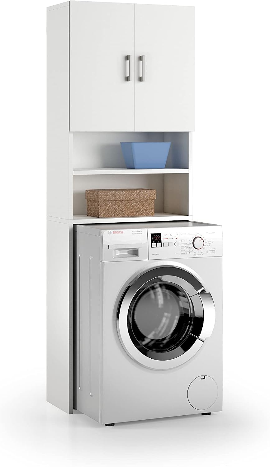 Mobili a muro, colore bianco con ante bianche – Struttura salvaspazio 65x32x195 cm per bagno o lavanderia, Terraneo