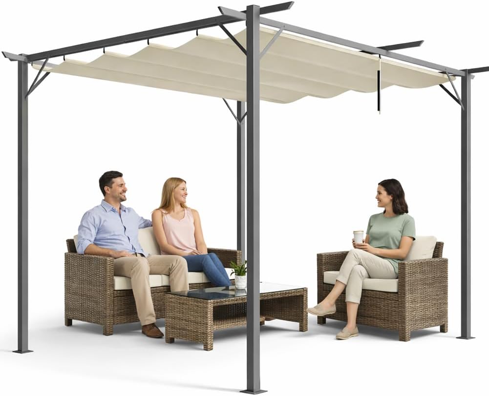 Gazebo, Ideale per Esterno, Giardino, Pergola Beige con Telo Retrattile in Poliestere Impermeabile e Anti UV, Bar (3 x 3 Metri), Terrazzo, BAKAJI