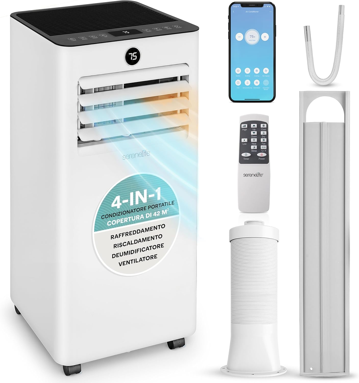 Condizionatore portatile, 7000 BTU, Climatizzatore Portatile 4-in-1 con WiFi, Pinguino Condizionatore 28 m2, Raffreddamento, Riscaldamento, SereneLife