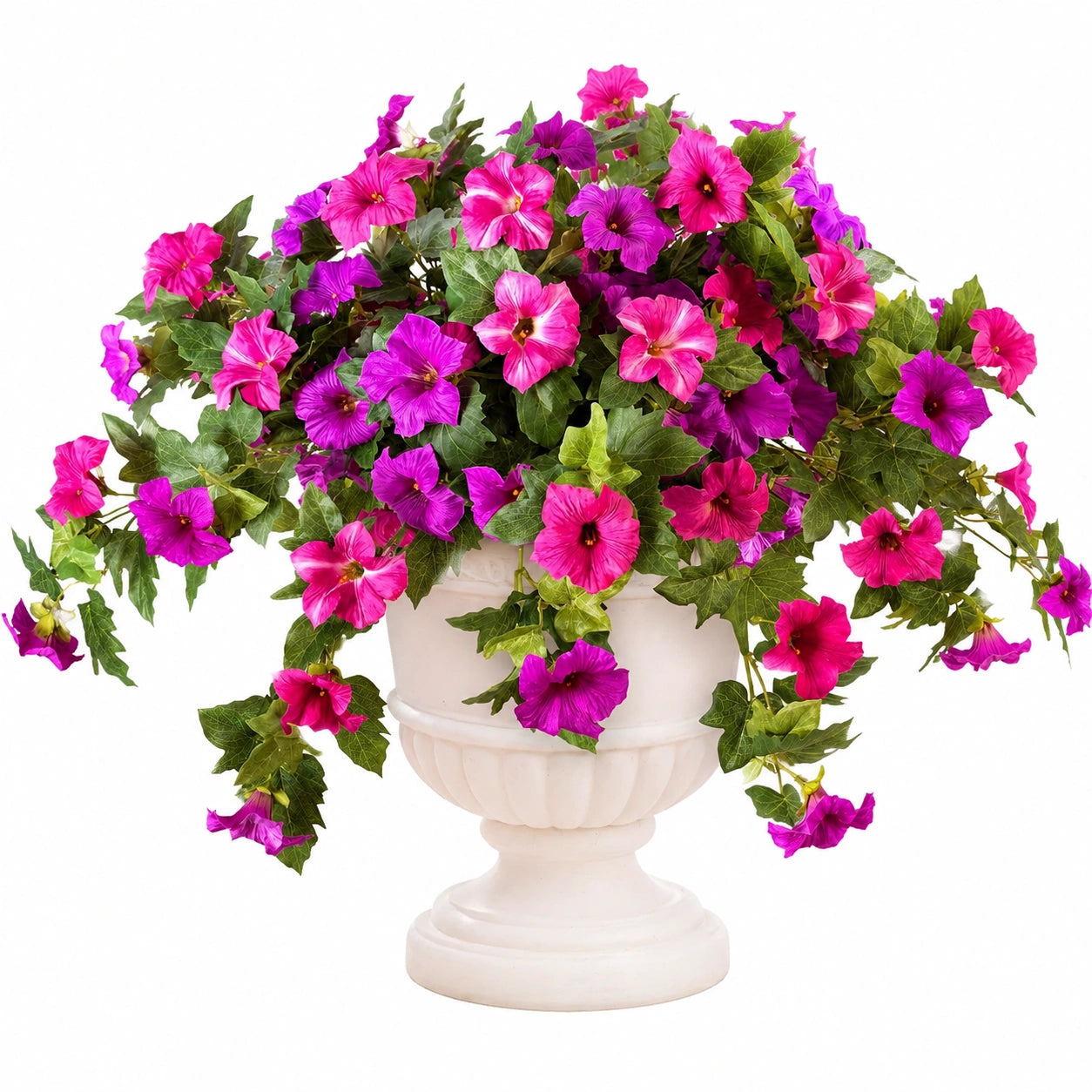 Pianta artificiale di petunie in vaso decorativo altezza 45 cm rosa e viola