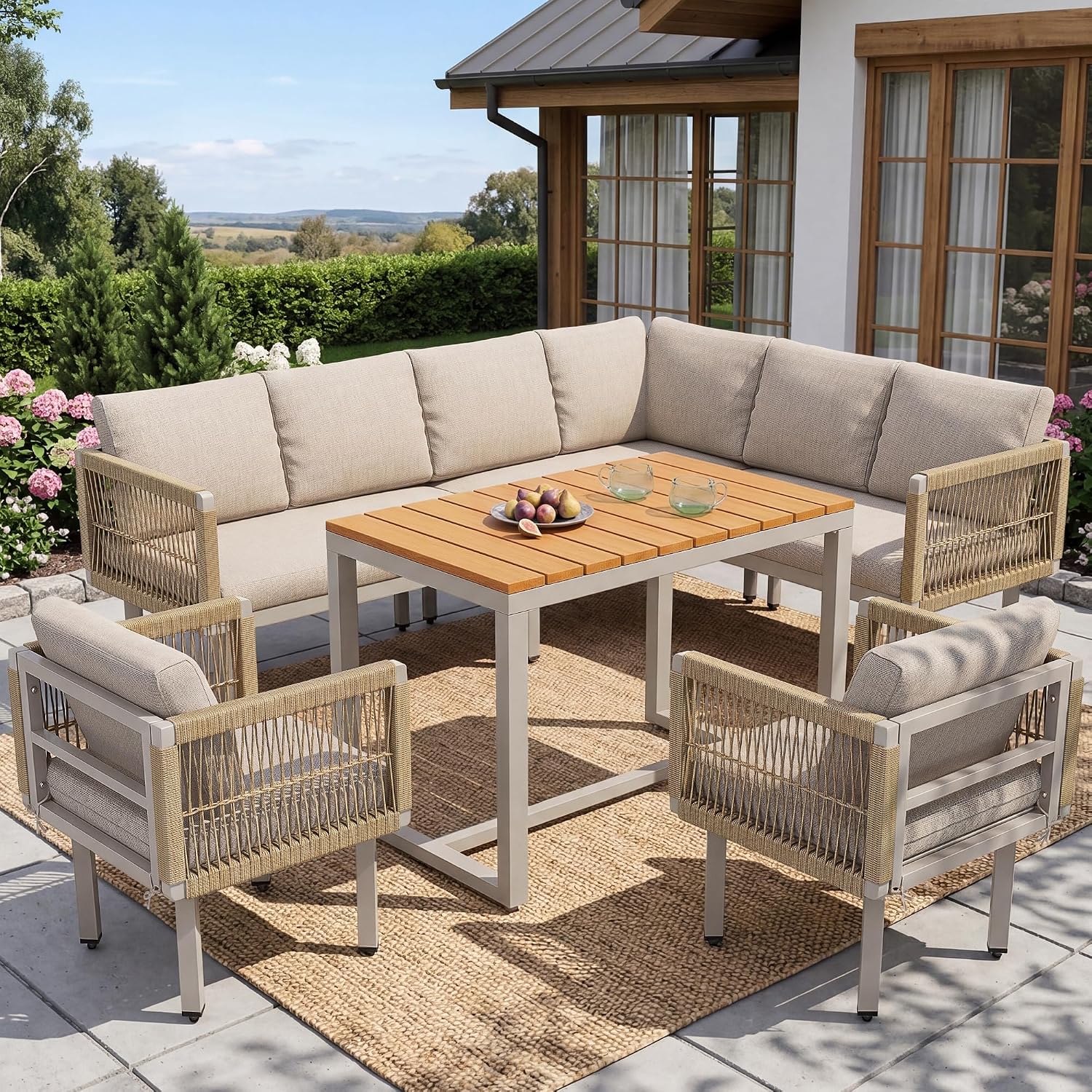Set mobili da giardino, lounge per esterni per balcone e terrazza, struttura in acciaio resistente alle intemperie, design intrecciato, cuscini, Yrxin