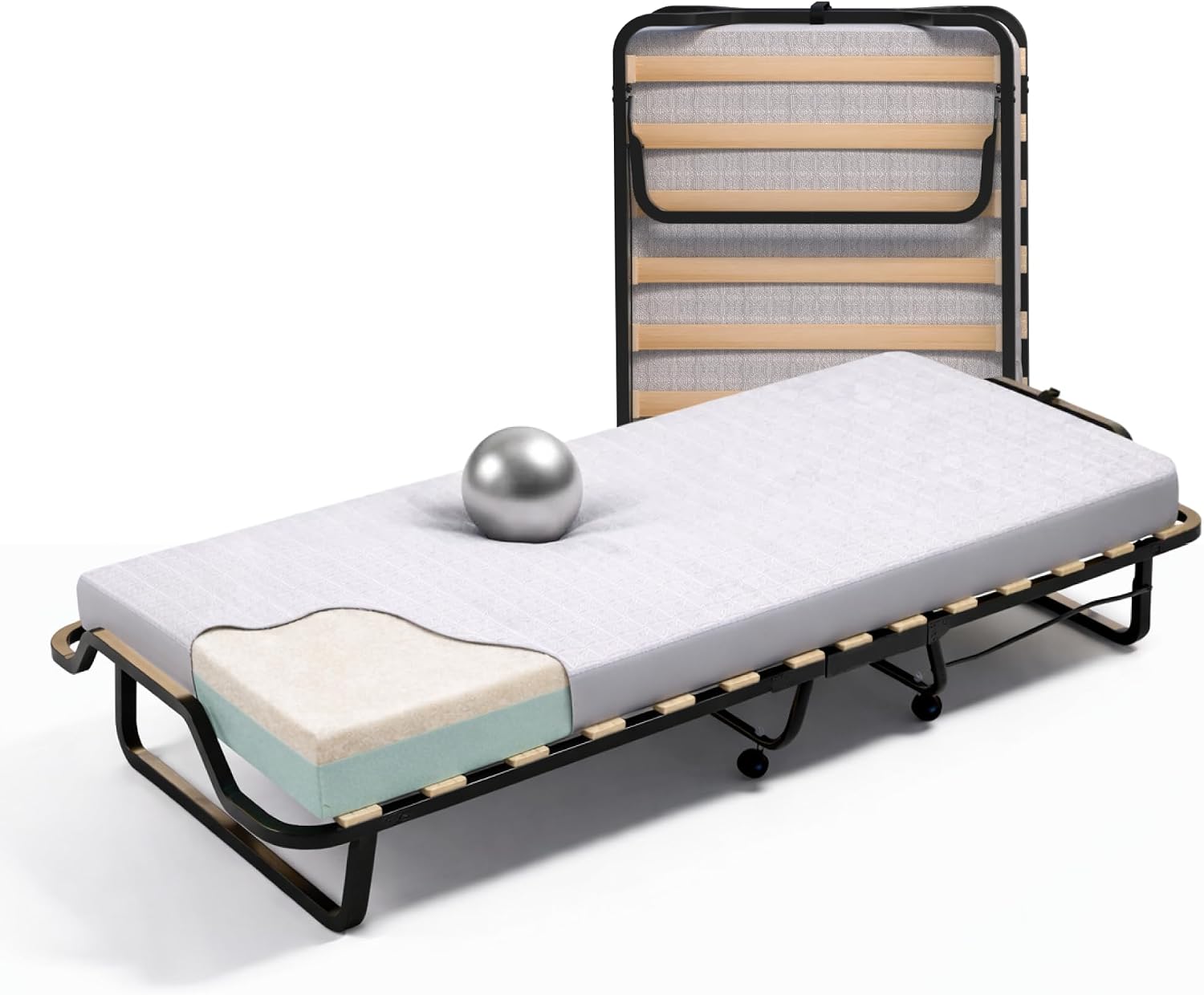 Letti, Soluko Brandina Pieghevole a Doghe con Materasso Memory Foam 80x200 cm, 4 ruote, Made in Italy, Struttura resistente, Cortassa