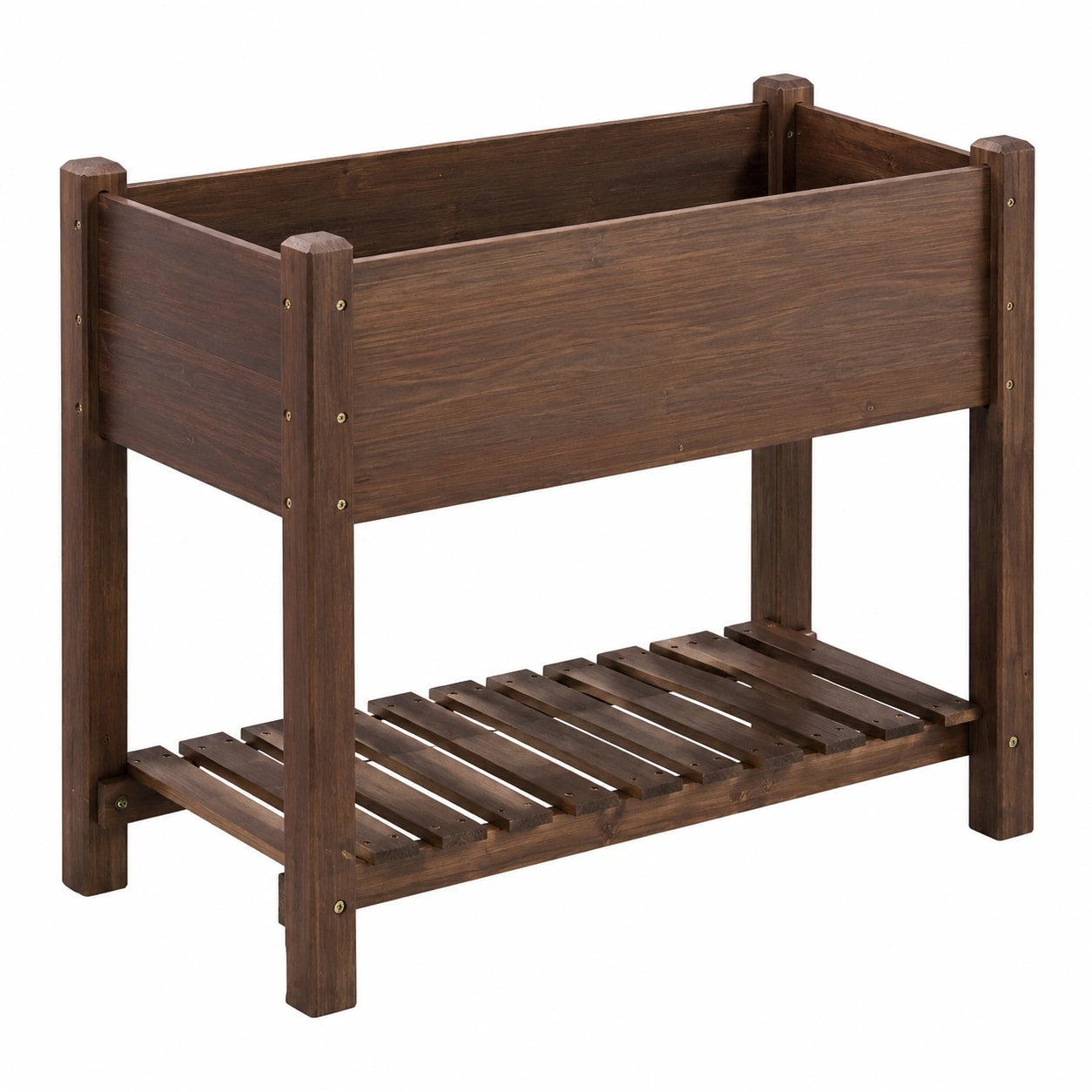Fioriera in legno rialzata marrone con scaffale
