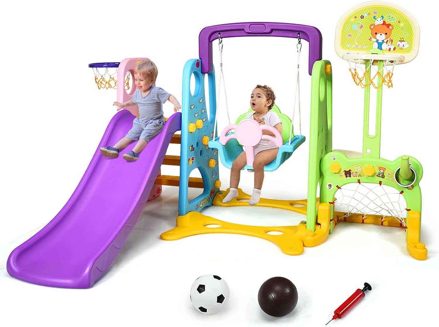 Arrampicate e altalene, con Altalena e Scivolo, Pallacanestro e Porta da Calcio, per Bambini 3-8 Anni (Viola), COSTWAY