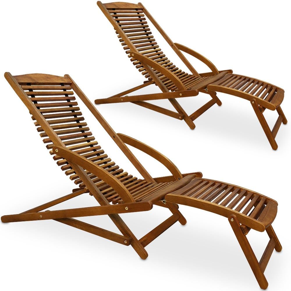 Lettino prendisole, ® 2x Ergonomico 120 kg Legno Acacia Sdraio Pieghevole incl. Poggiapiedi e Cuscino Lettini Sauna, Casaria