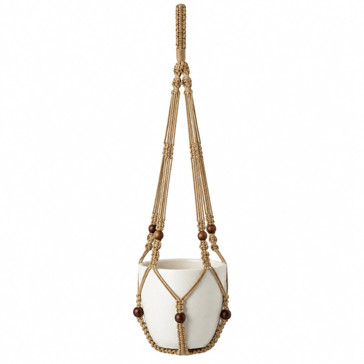 Portavaso sospeso in macramè beige con vaso bianco