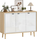 Credenza, Bianco Lucido e Rovere, Cucina con 3 Ante, Mobile Cucina Moderno con Ripiano Regolabile e Piedi in Legno, Buffet per Soggiorno, HOMCOM