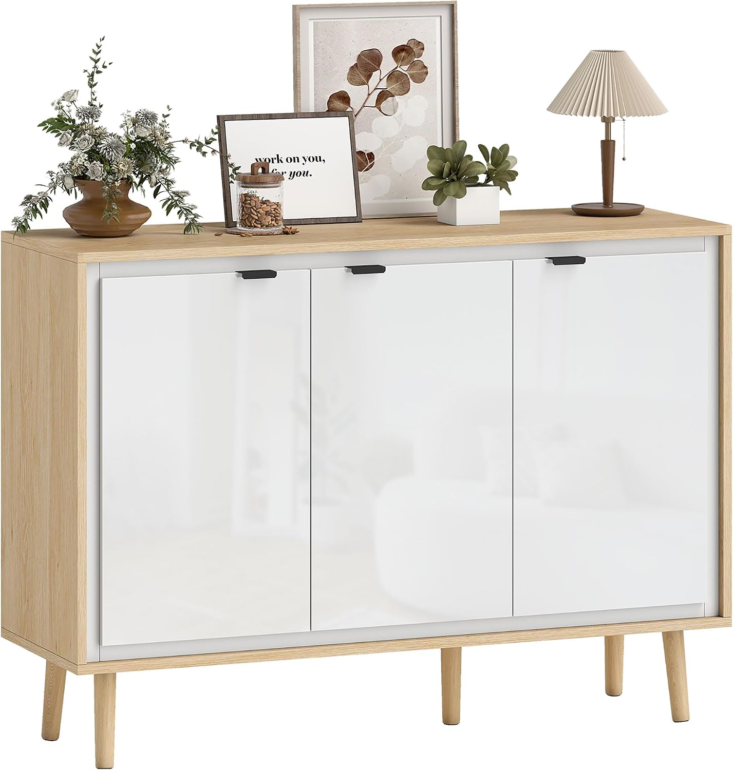 Credenza, Bianco Lucido e Rovere, Cucina con 3 Ante, Mobile Cucina Moderno con Ripiano Regolabile e Piedi in Legno, Buffet per Soggiorno, HOMCOM