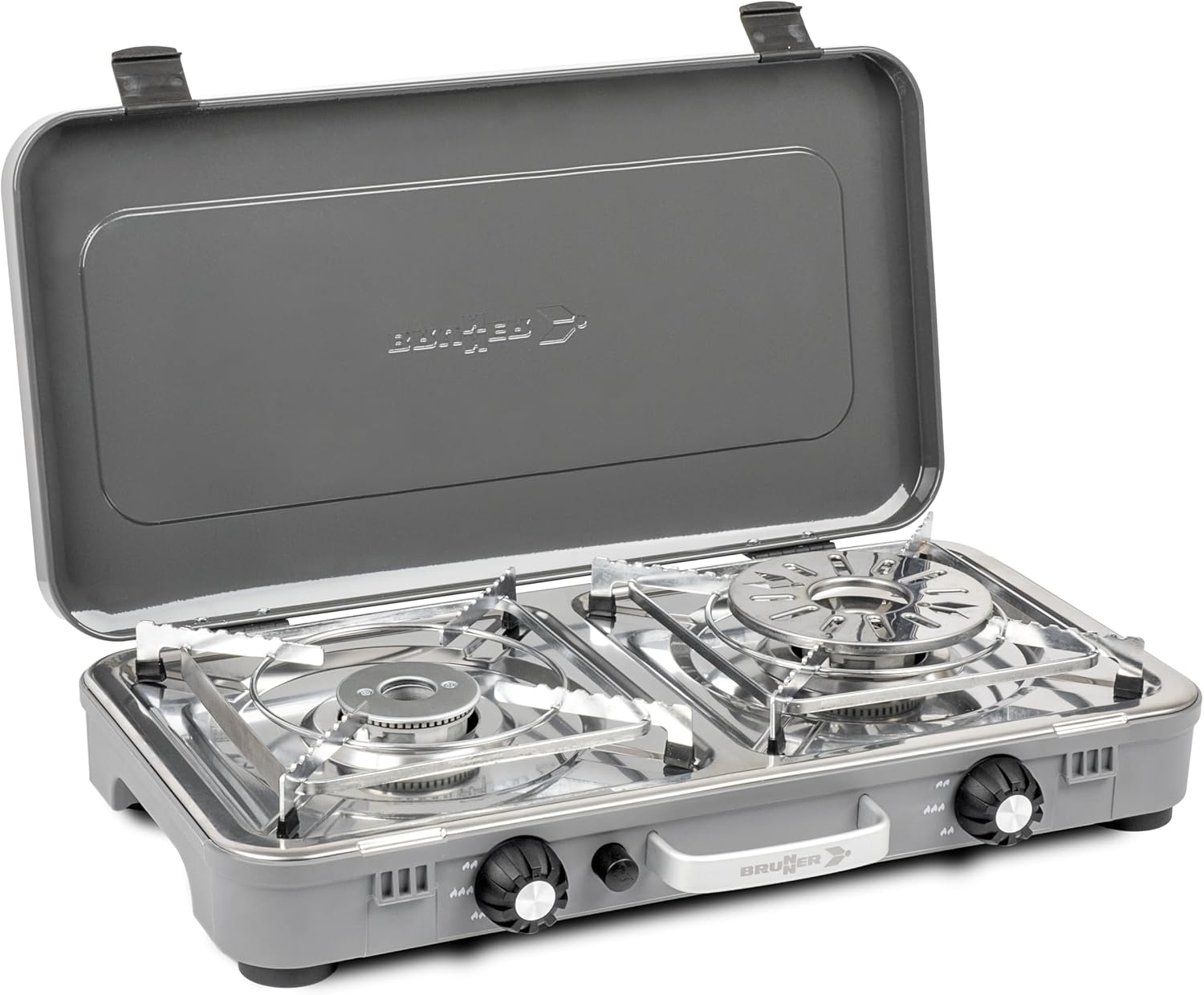 Fornelli, accensione piezoelettrica, con piastra liscia, rigata, Fornello a gas DEVIL KOOKMASTER GP - Doppio bruciatore di 2,4 kW, BRUNNER