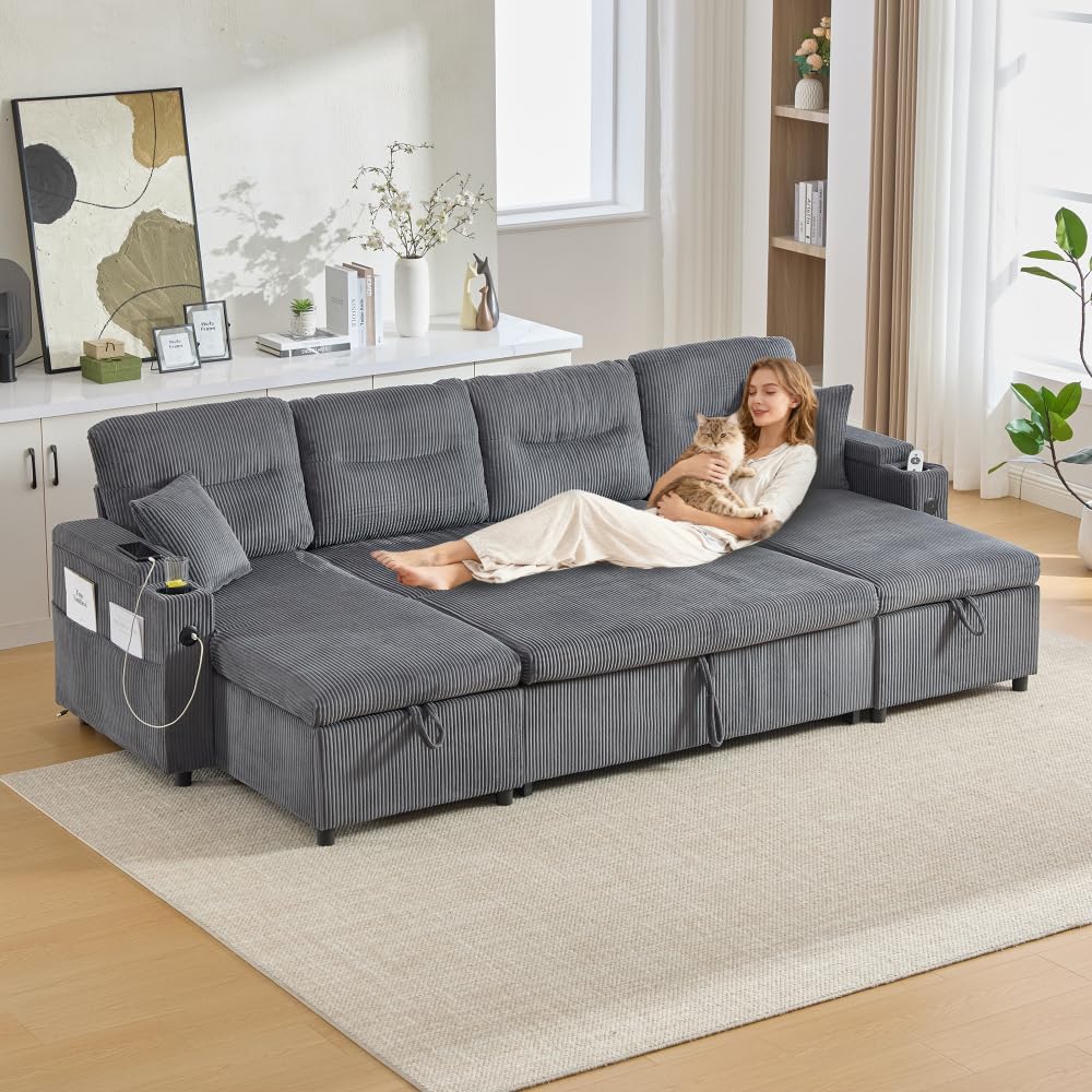 Divano, 4 posti moderno in velluto a coste, angolare a U con chaise longue (Grigio carbone + 4 posti), letto 4 posti con portabicchieri, Lubvtti