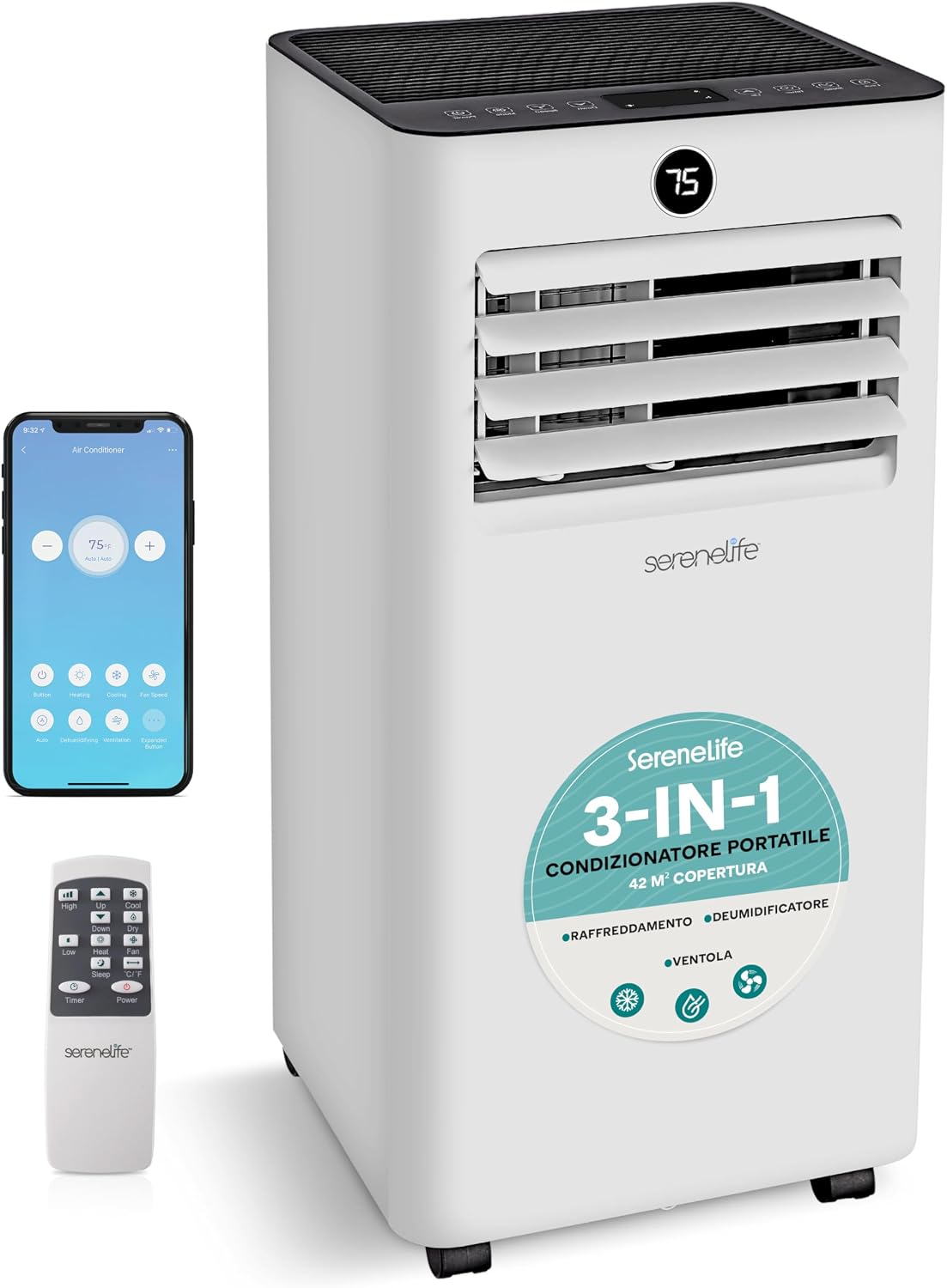 Condizionatore portatile, 9000 BTU, Climatizzatore Portatile WiFi con Telecomando, Deumidificatore e Ventilatore, Ufficio e Scuola, SereneLife