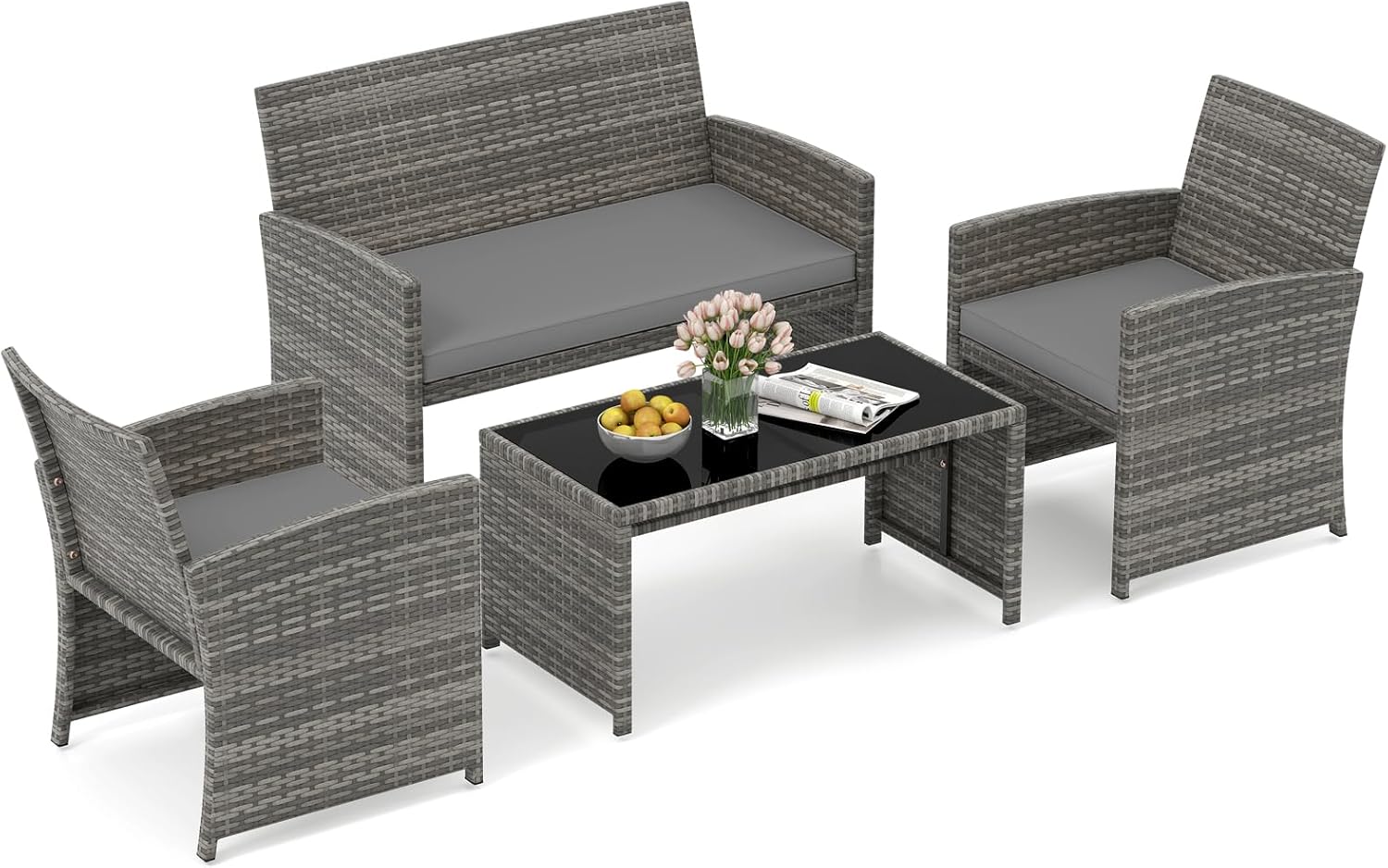Set mobili da giardino, Divanetto e Poltrone in Rattan con Tavolino da Caffè in Vetro Temperato, Set Salotto da Giardino 4 Pezzi, COSTWAY