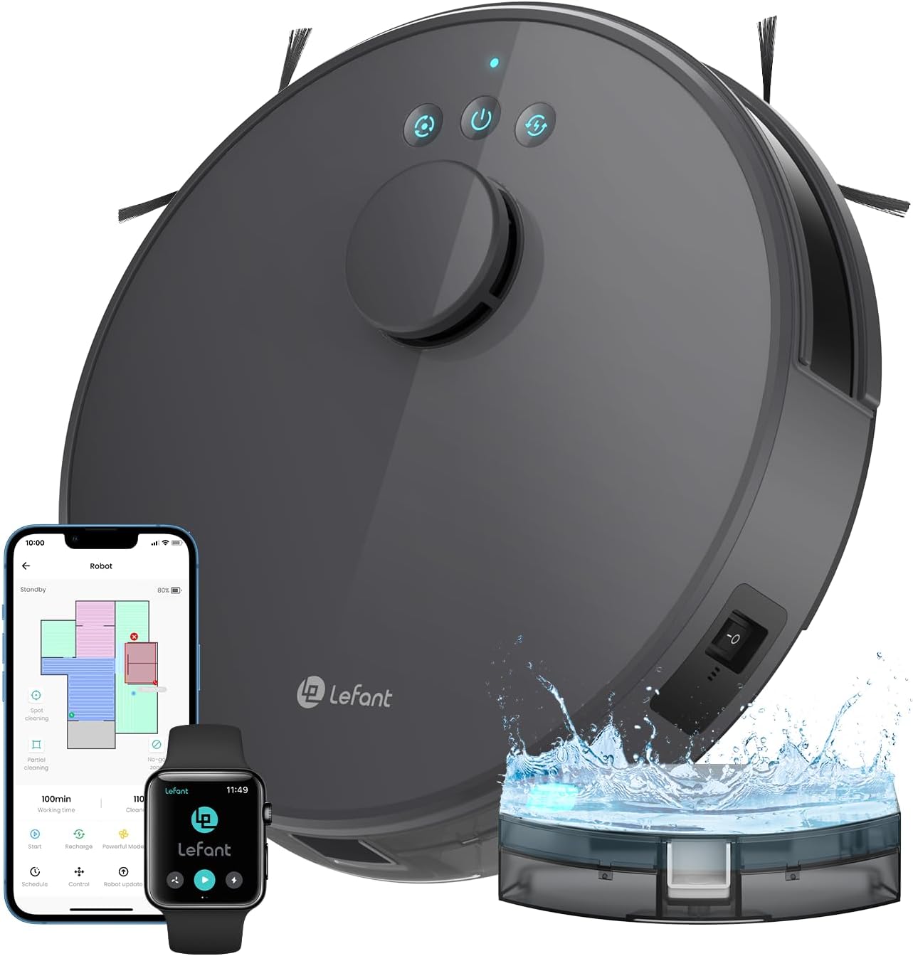 Robot aspirapolvere, M1 Lavapavimenti con Mappatura, 5500 Pa Potente Aspirazione, 200 min, Navigazione LDS, Zona Vietata, Alexa, Grigio, Lefant