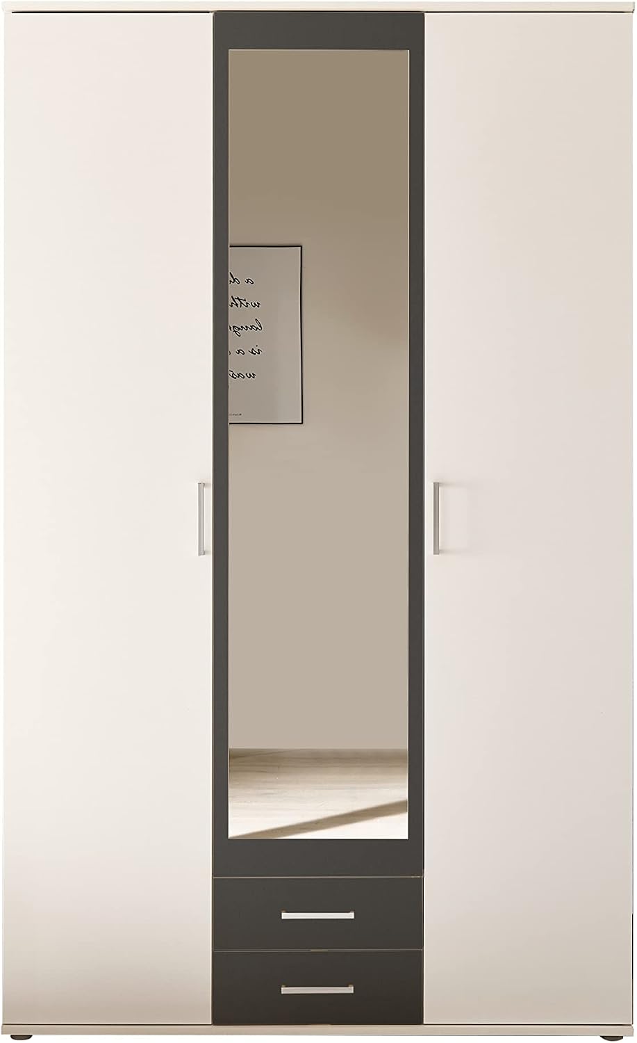 Armadio, Hanu - in legno laminato composto da 2 ante a battente, 1 anta a battente specchiata e 2 cassetti, AVANTI TRENDSTORE