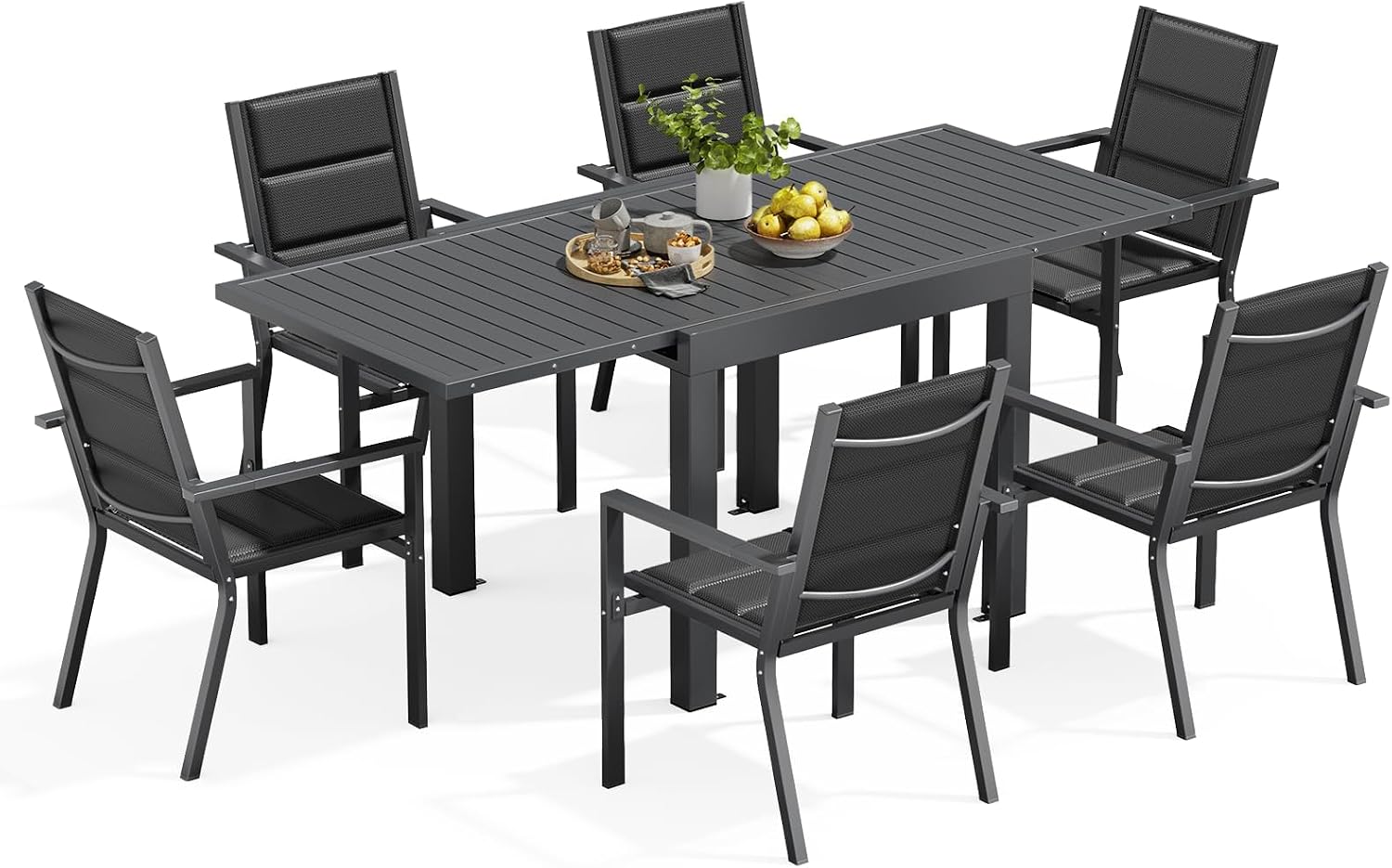 Set da pranzo 80-160CM, Grigio Scuro, 6 Persone Set Tavolo e Sedie Da Giardino In Alluminio, Set Da Giardino Esterno, Devoko