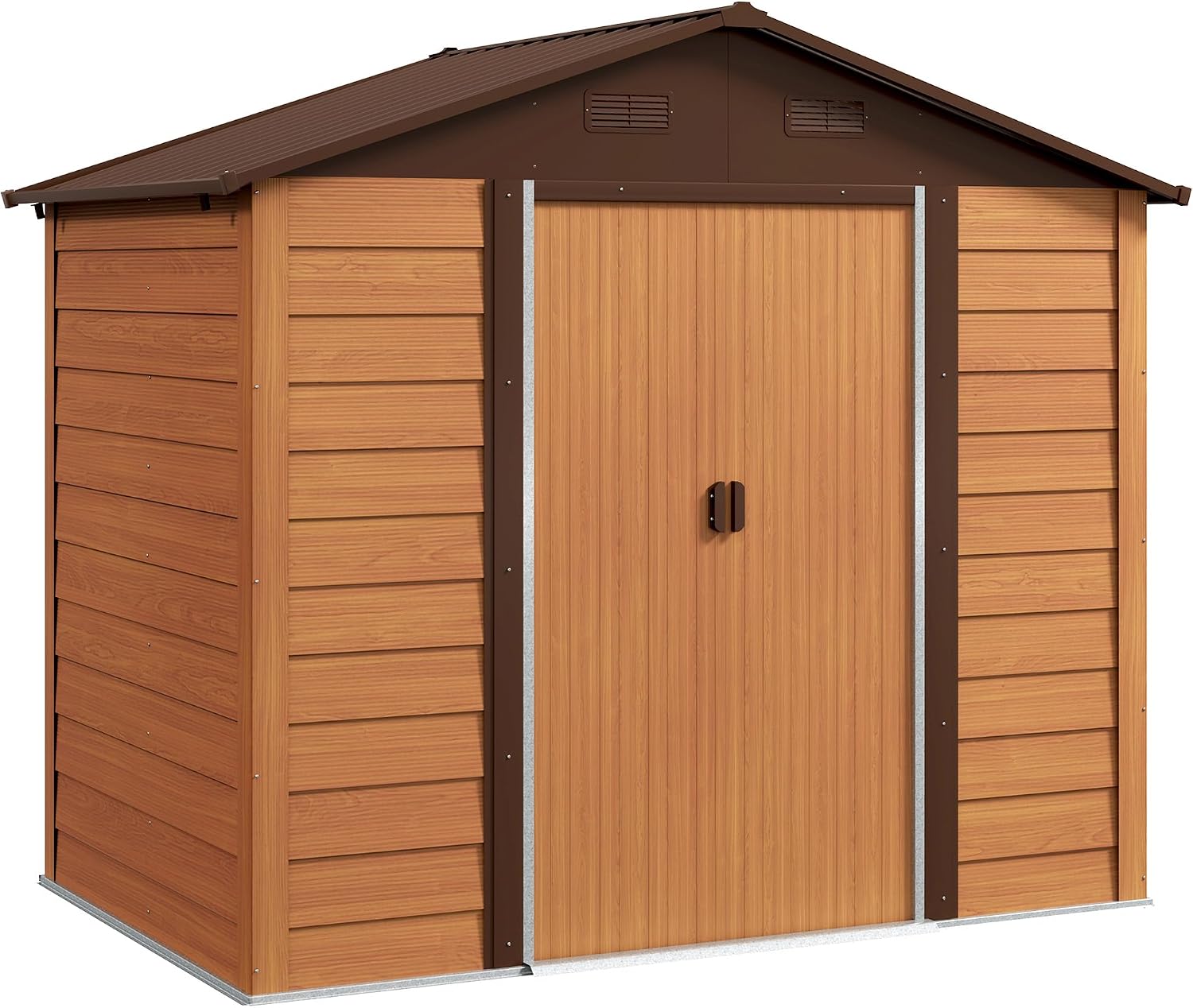 Casetta da giardino, 4.07m2 in Acciaio Zincato con Fori di Drenaggio Prese d'Aria, Design Effetto Legno, Doppie Porte Scorrevoli Bloccabili, Outsunny