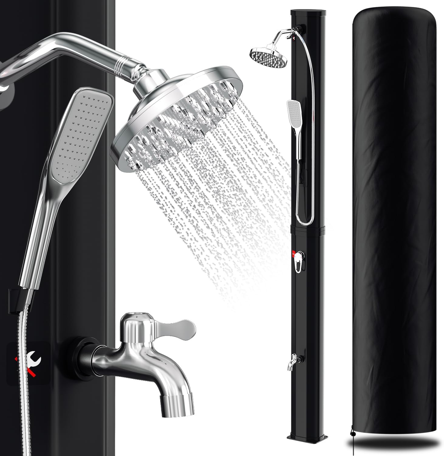 Docce da giardino, Doccia solare da giardino 35 L, per piscina, campeggio, colore nero, acqua calda fino a 60 °C, Herrselsam