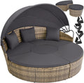 Lettino prendisole, Isola Divano da Esterno con Tettuccio Parasole Pieghevole, per Giardino - Naturale, ® Isola Prendisole in Rattan, tectake