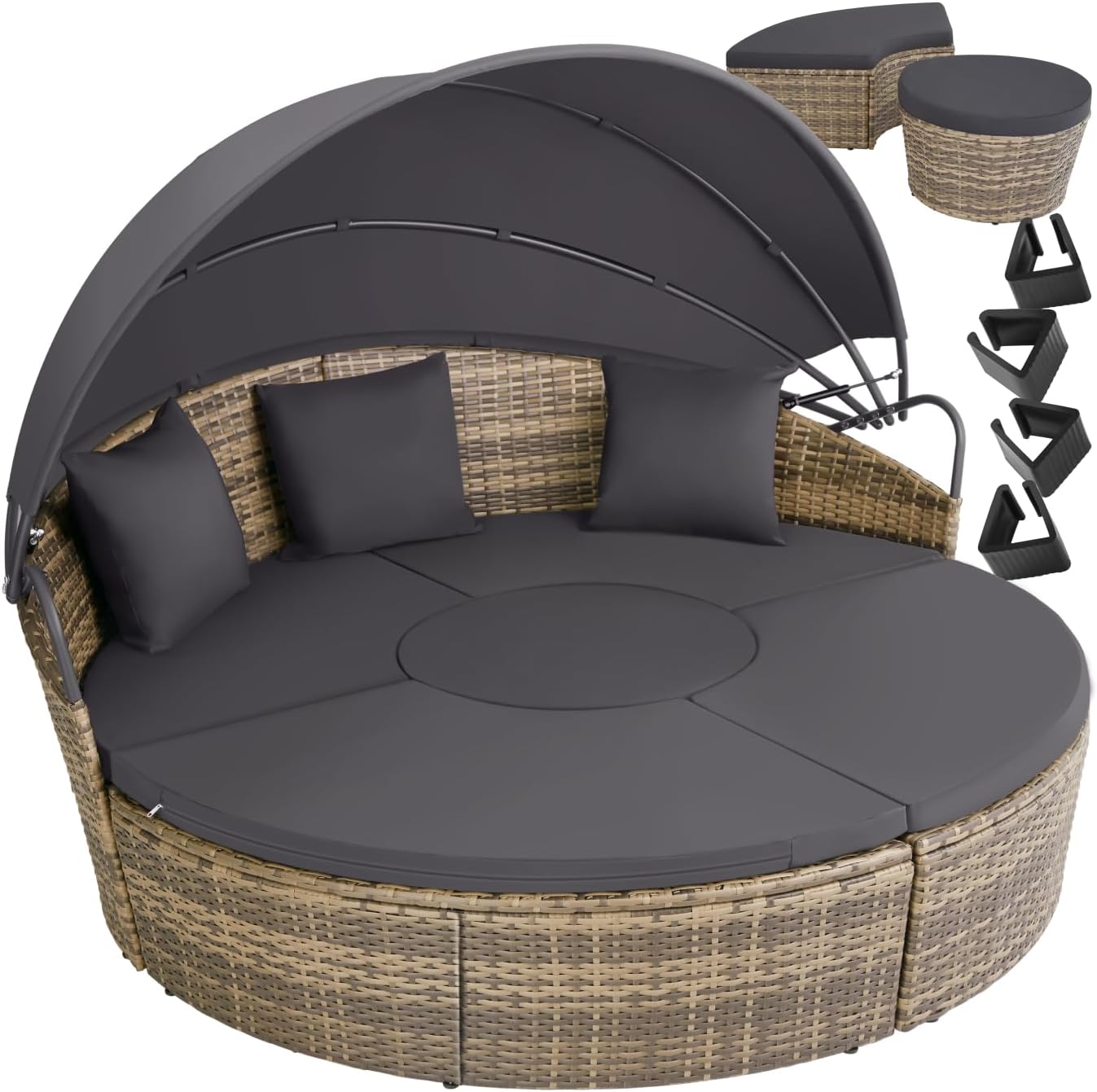 Lettino prendisole, Isola Divano da Esterno con Tettuccio Parasole Pieghevole, per Giardino - Naturale, ® Isola Prendisole in Rattan, tectake