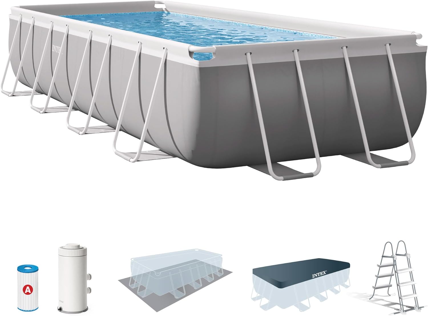 Piscina fuori terra 26792NP, Acciaio e PVC, Grigio, Pompa Filtro 3785 L, 10874 L, 488x244x107 cm, – Prisma Frame Rettangolare, Scaletta, Intex