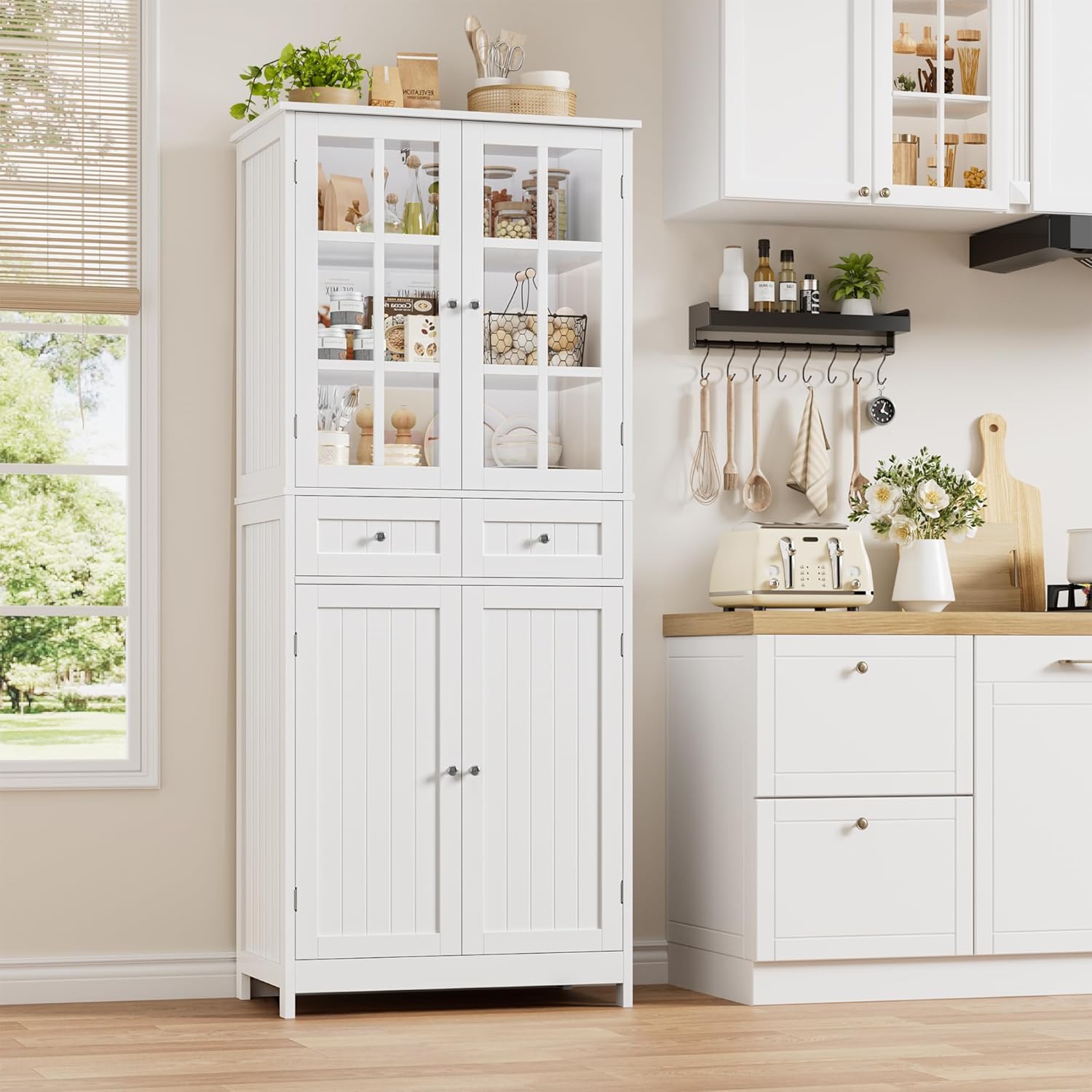 Credenza 180H, Bianco, Cucina, per Sala da Pranzo, Mobile Dispensa con 4 Ante e 2 Cassetti, Ufficio, Soggiorno, Moderno, HOCSOK