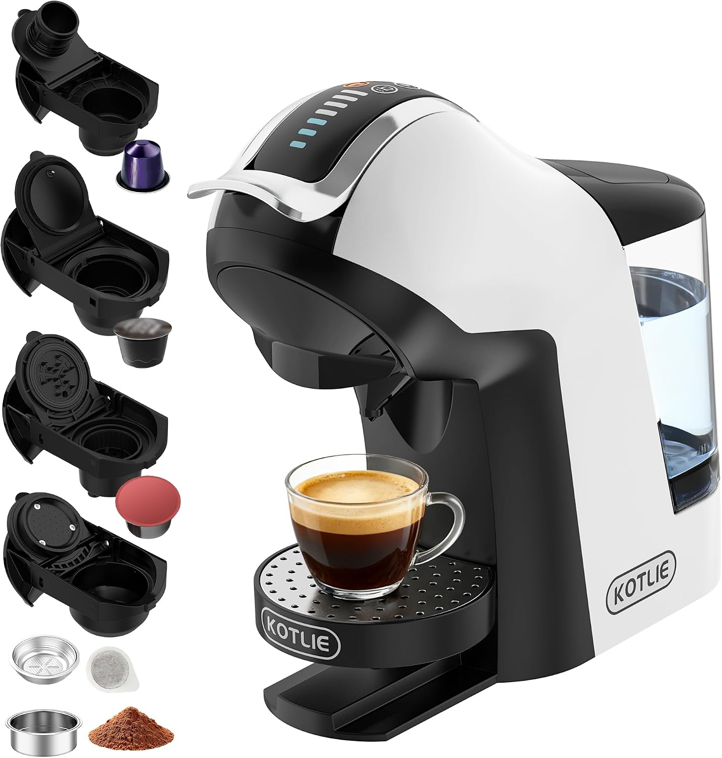 Macchina da caffè, Dolce Gusto, caffè in polvere, 5 in 1, 19 bar, ESE Pads (44 mm), serbatoio acqua da 1 L, 3 temperature, 7 quantità di acqua, KOTLIE