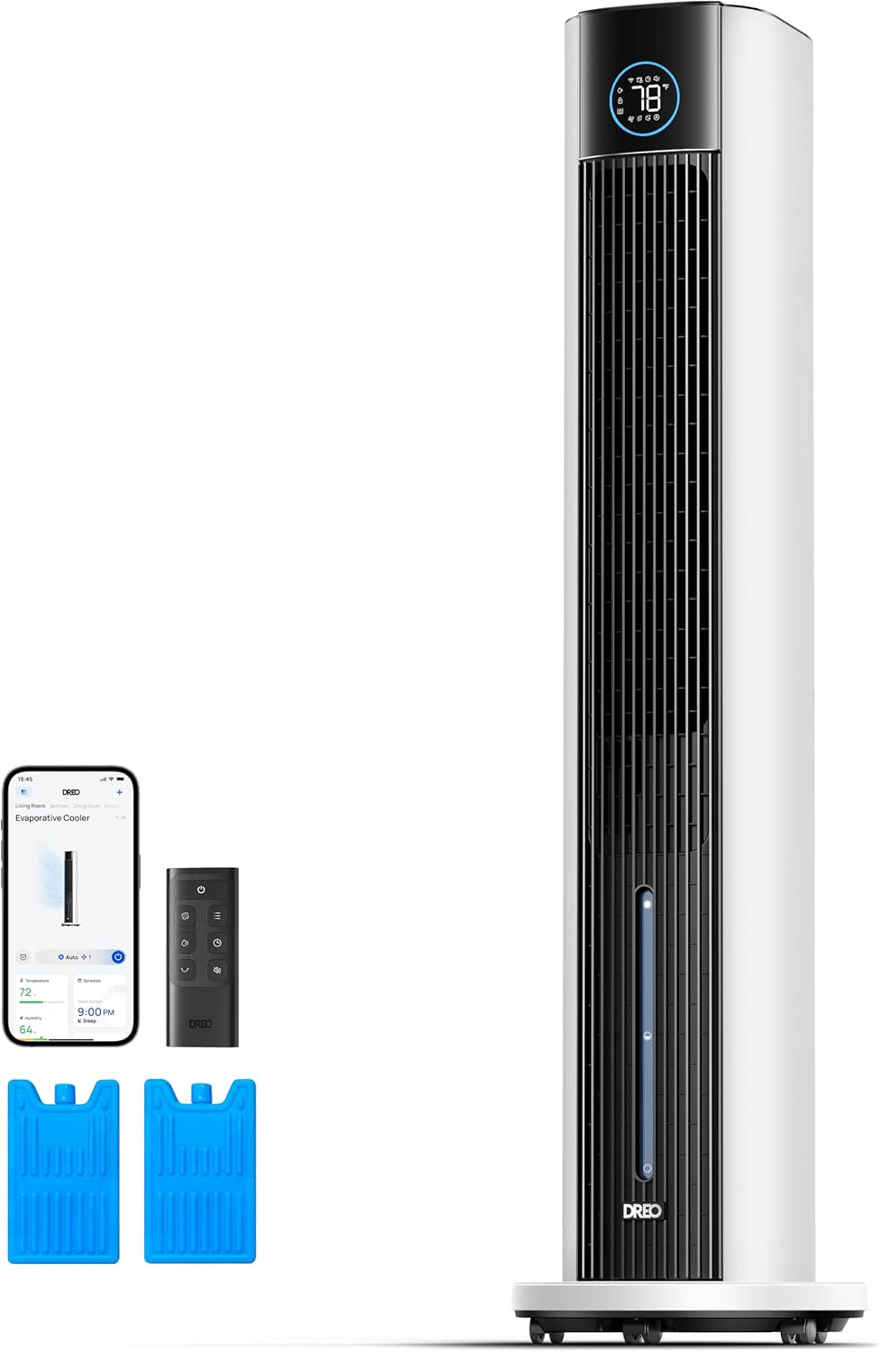 Condizionatori a evaporazione, oscillazione 80°, timer 12 h, Ventilatore a Torre con raffrescamento ad acqua, silenzioso, evaporativo, bianco, DREO
