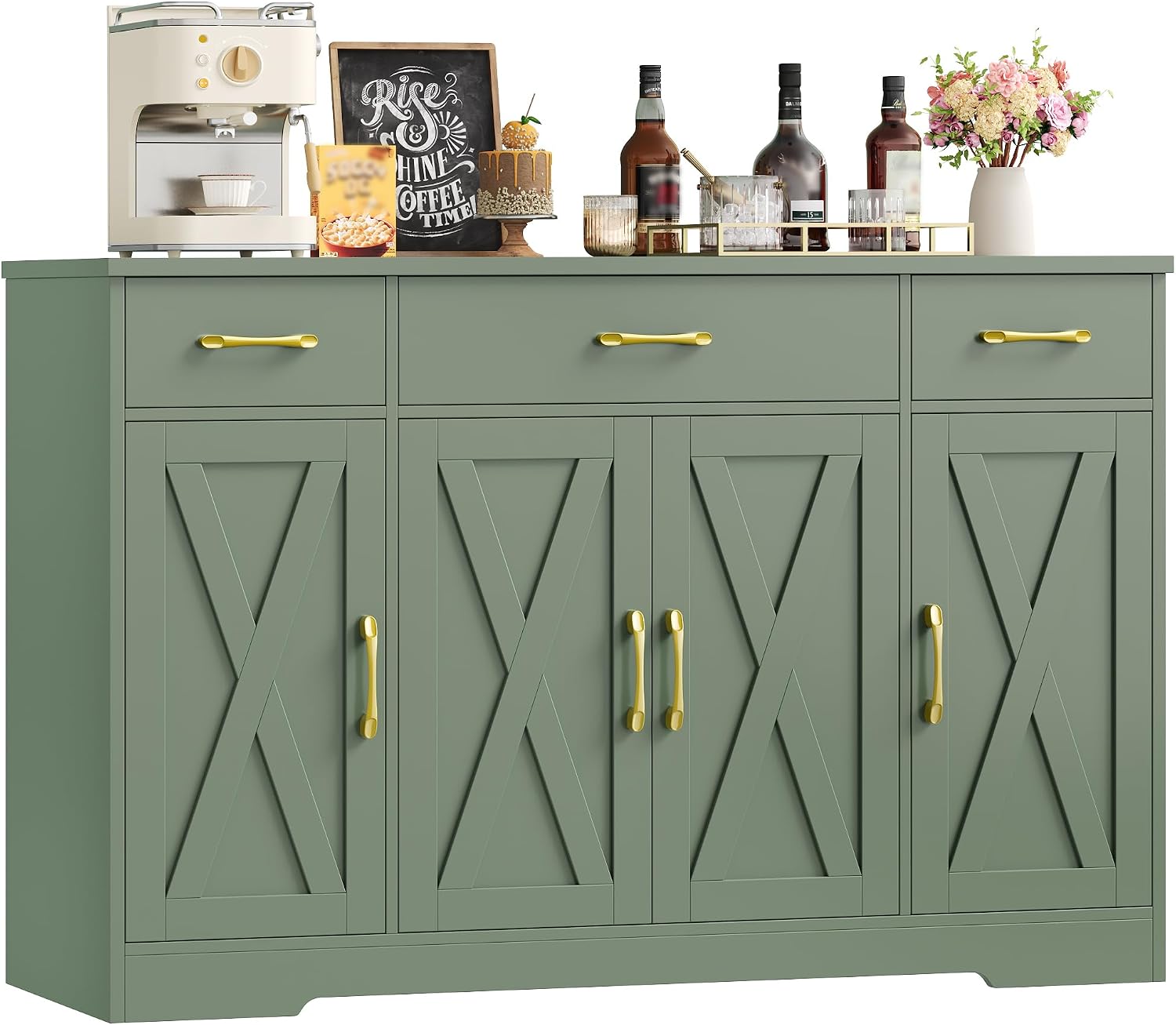 Credenza, Verde, 140 cm Cucina, Mobile Cucina con 3 Cassetti e 4 Armadi, Mobile per Cucina Ingresso Foyer, Buffet Mobile Moderno, Soggiorno, HOCSOK