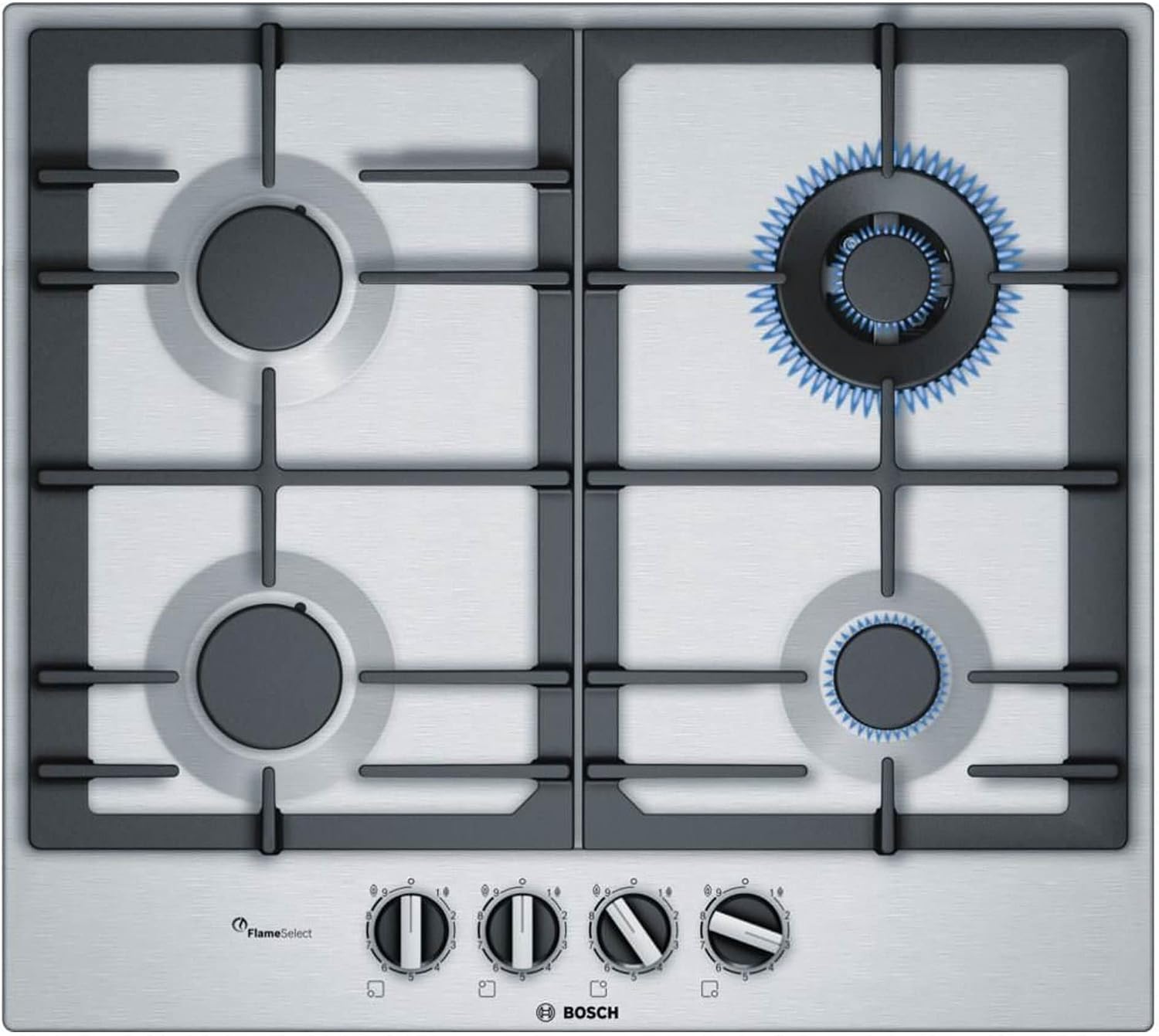 Bosch PCH6A5B90 piano cottura, Serie 6, a gas, FlameSelect: regolazione con nove livelli di potenza predefiniti, WOK, griglie in ghisa, Acciaio