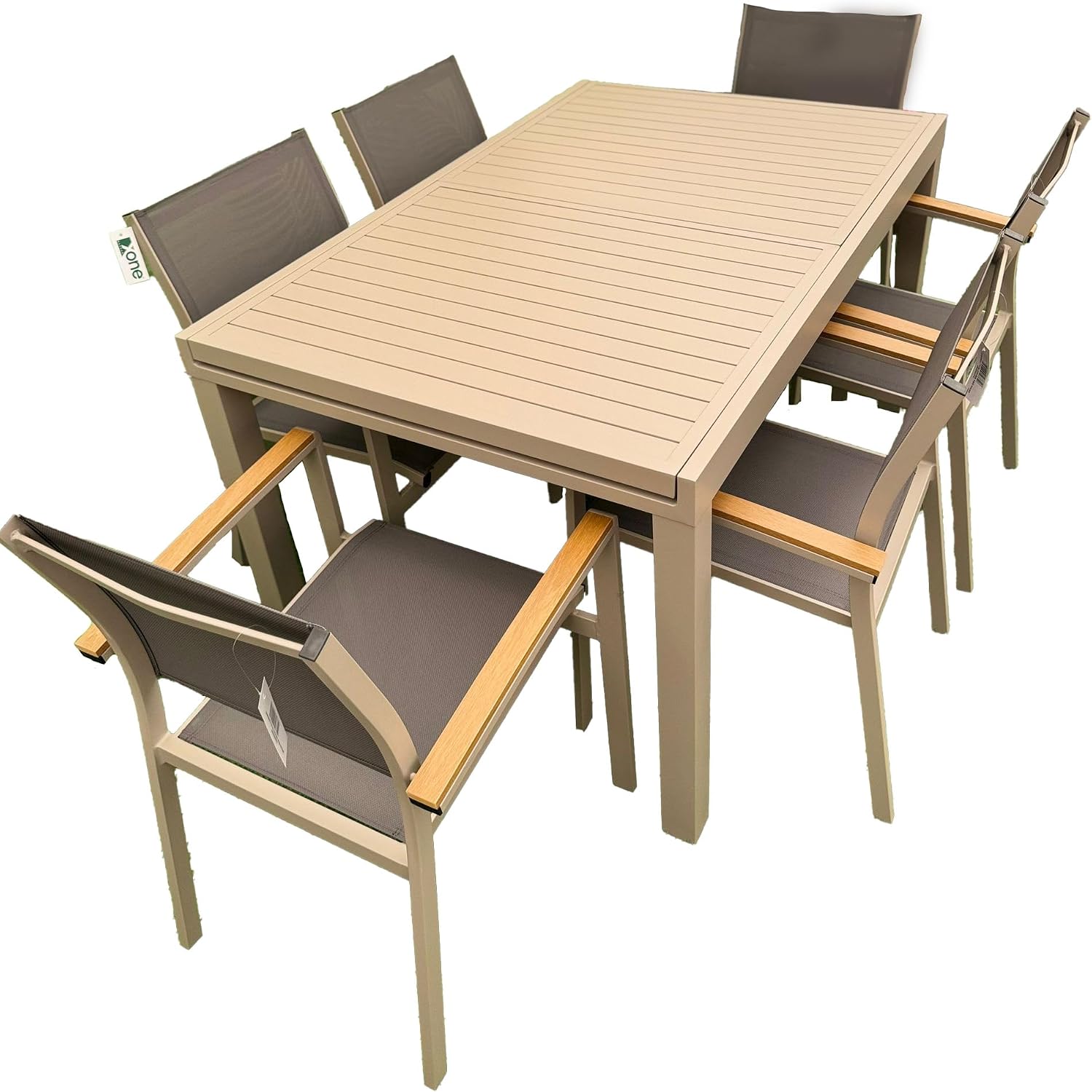 Set di mobili, Top di Gamma, 200x90 cm) + 6 sedie impilabili con braccioli, Tortora in Alluminio 1 Tavolo Estensibile (140, Set Grigio, XONE