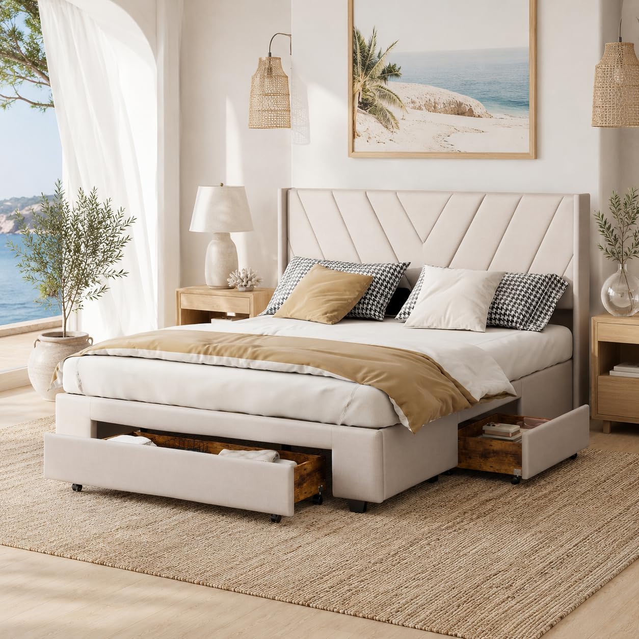 Letti, letto imbottito con 3 cassetti, lino (Beige(59), letto contenitore con testiera e rete a doghe, senza materasso, BRILVERDE