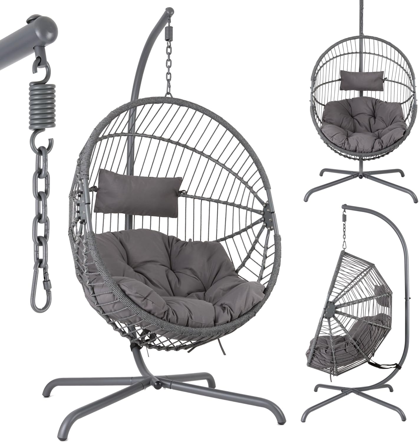 Sedia sospesa EN581-1, Telaio in Acciaio fino a 130 kg, Poltrona a Uovo da Giardino e Balcone, Altezza Regolabile 160–180 cm, AREBOS