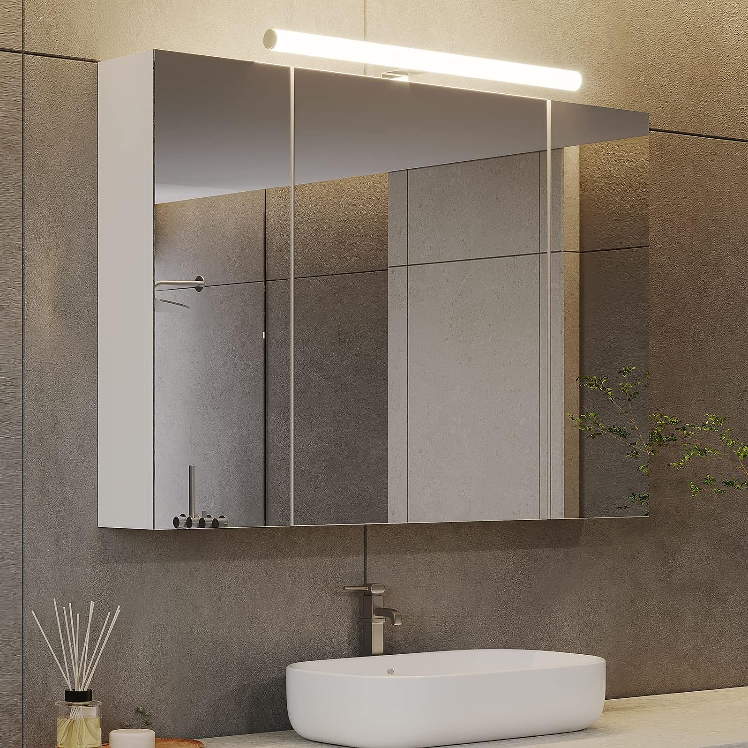 Armadio, Bianco, Specchio Bagno Contenitore con illuminazione 80x16x60 cm Mobile bagno con 3 Ante Specchio e Mensola, DICTAC