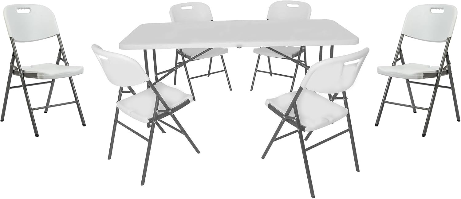 Tavoli da picnic, Tavolo pieghevole + 6 Sedie bianco con struttura in metallo e piano in resina per interni e giardino, XONE