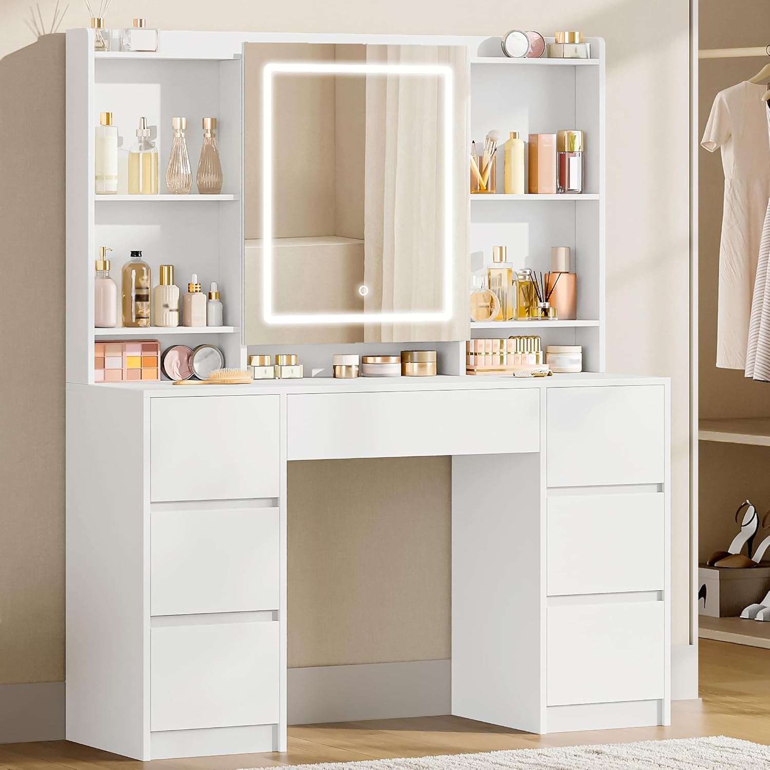 Toelette DT43203XEU, Bianco, 7 Cassetti e 4 Ripiani, Toeletta Trucco con Luce LED Regolabile, Toeletta con Specchio, Moderno, Hzuaneri