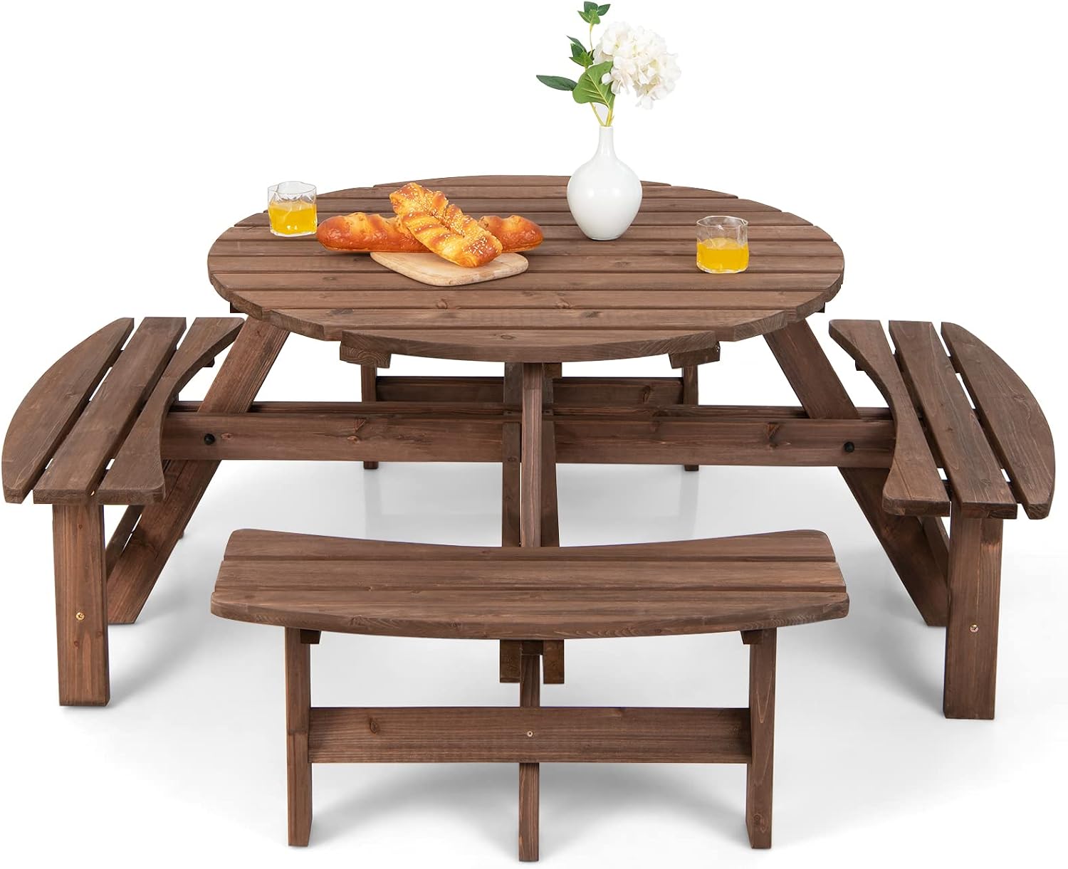 Tavoli da picnic, Legno Massiccio, per 4-8 Persone, Tavolo Rotondo da Picnic per Esterno, Ogni Panca Porta 225 kg (Marrone, COSTWAY