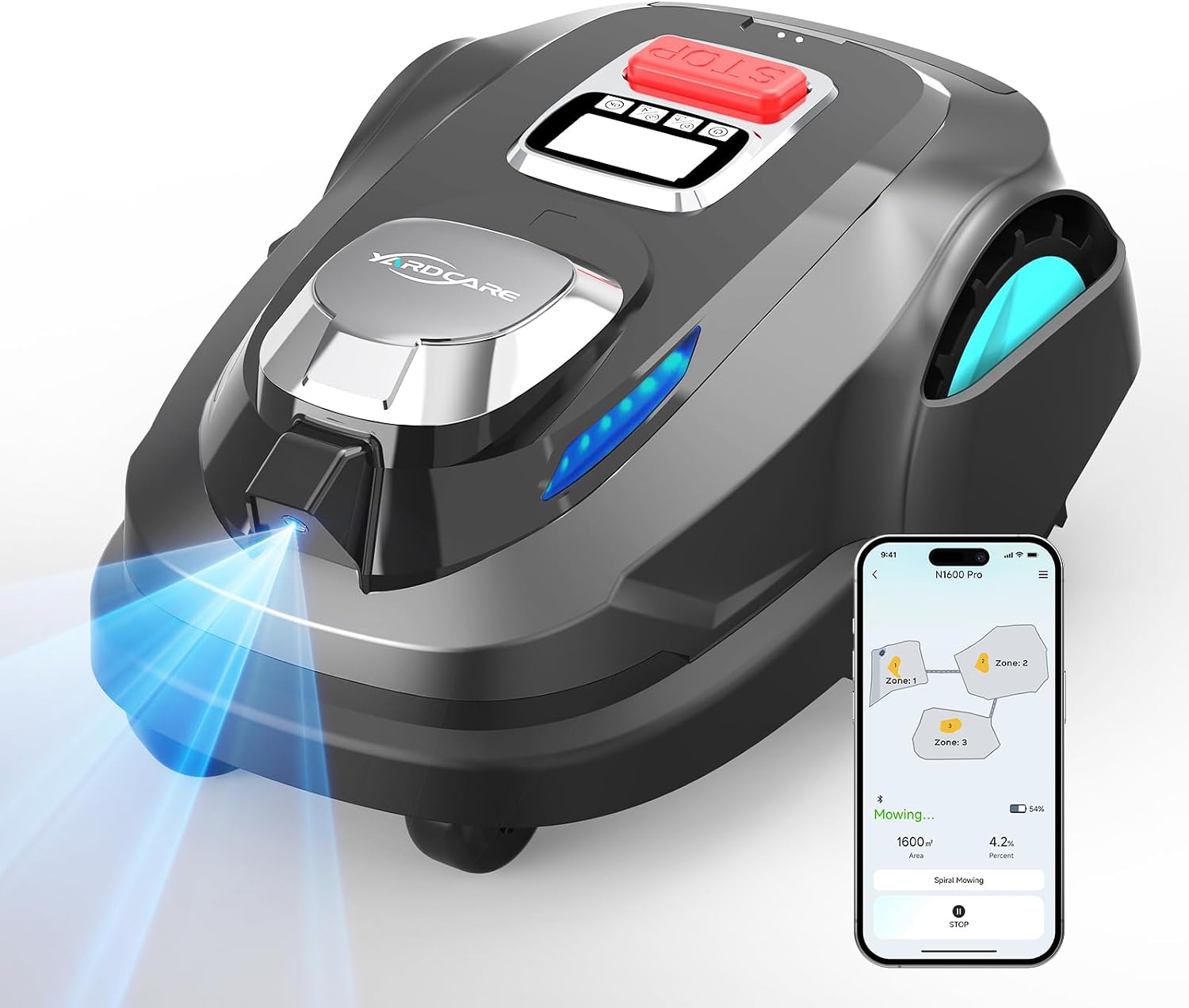Robot tagliaerba N1600PRO, Max 1600 m2 – con RTK & visione, percorso a U, gestione multi-area, YARDCARE