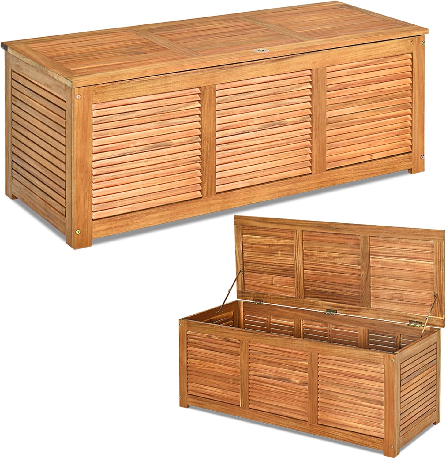 Cassapanche e bauli, Panca Contenitore per Interni e Esterni, Cassapanca Contenitore in Legno di Acacia con Coperchio e Maniglia, COSTWAY
