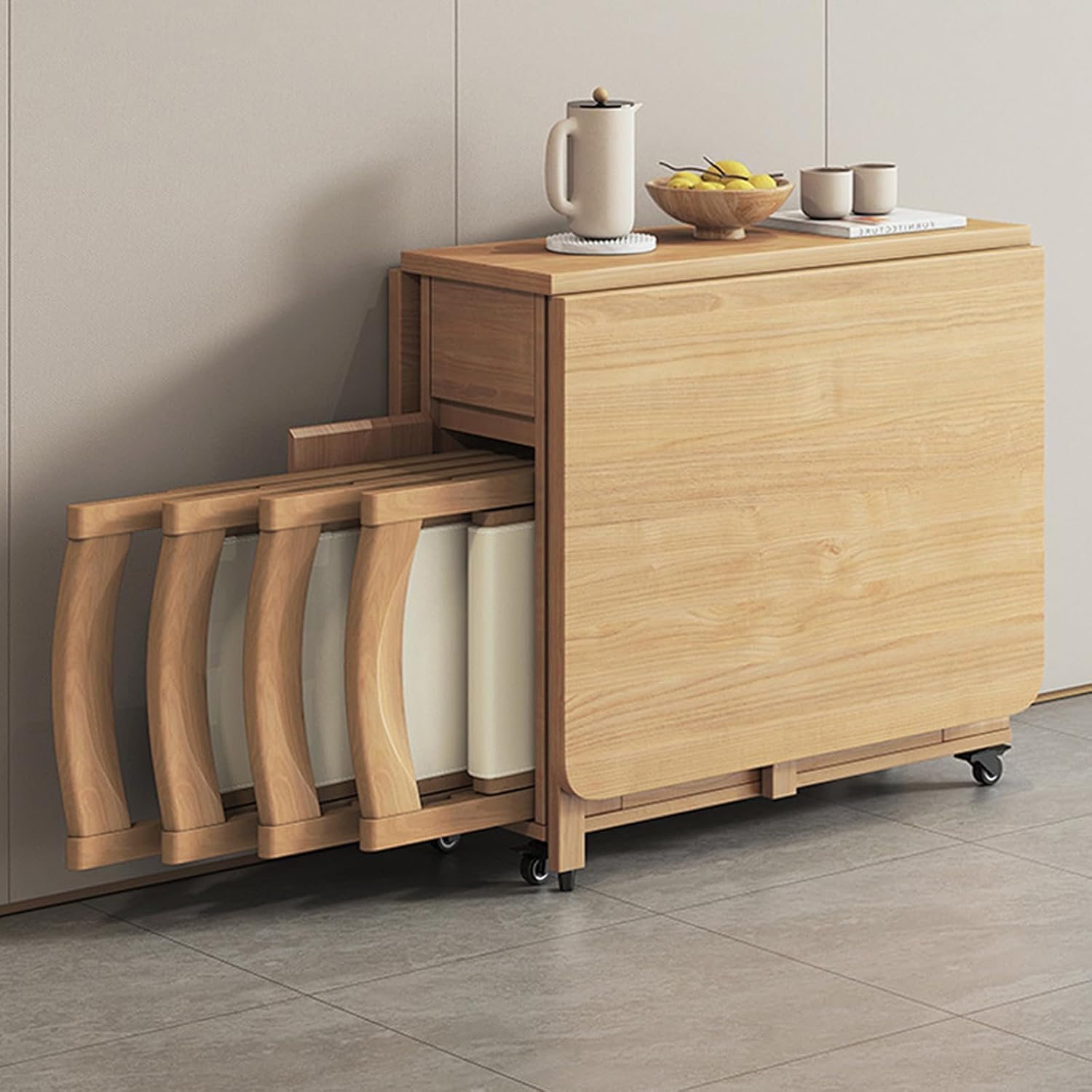 Tavoli da sala da pranzo, Tavolo Pieghevole in Legno Massello, Tavolo Ribaltabile con 4 Sedie, Beige, Set Tavolo da Pranzo, Ailler