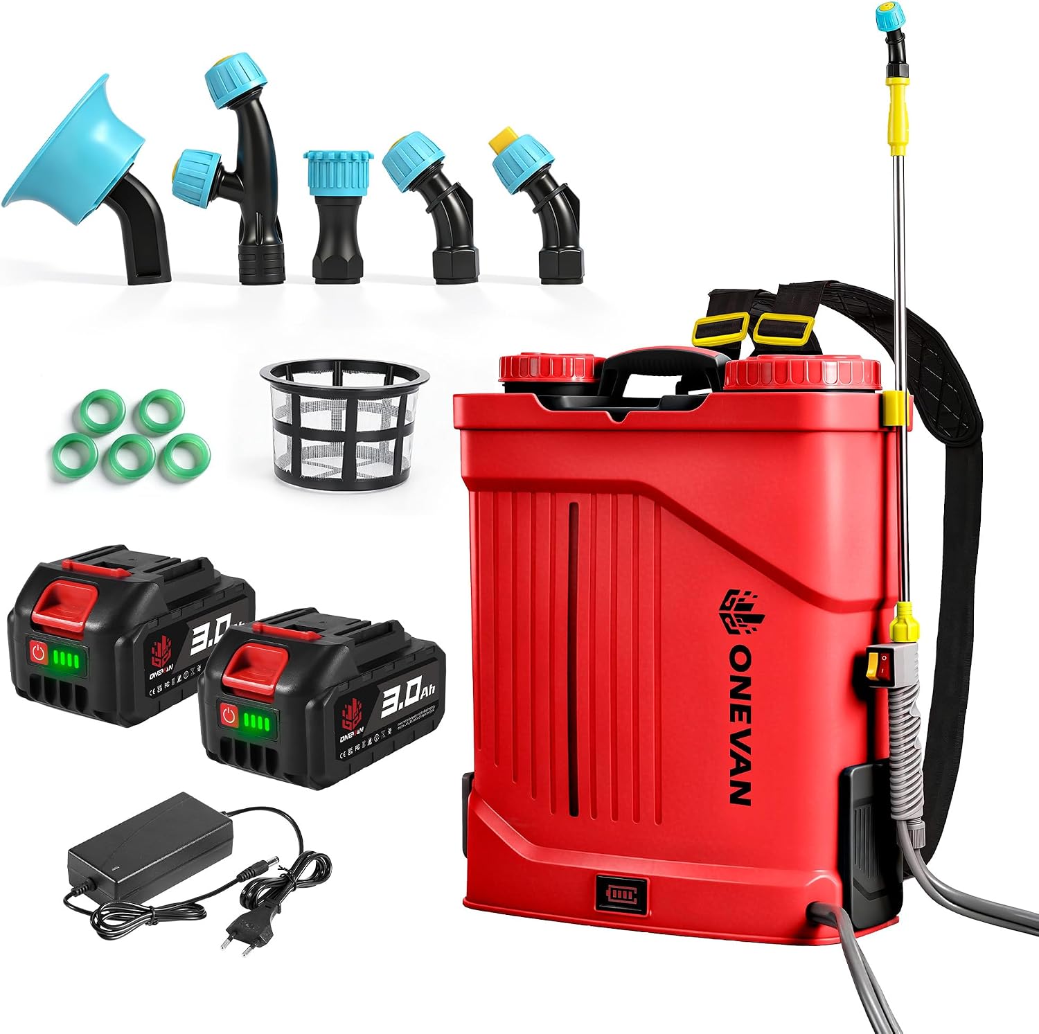 Pompe spruzzatrici, Irroratrice a Batteria, Funzione Agitatore, Agricoltura, Trattamento Piante, Pompa a Spalla Elettrica 20 L, 2x3,0 Ah, ONEVAN