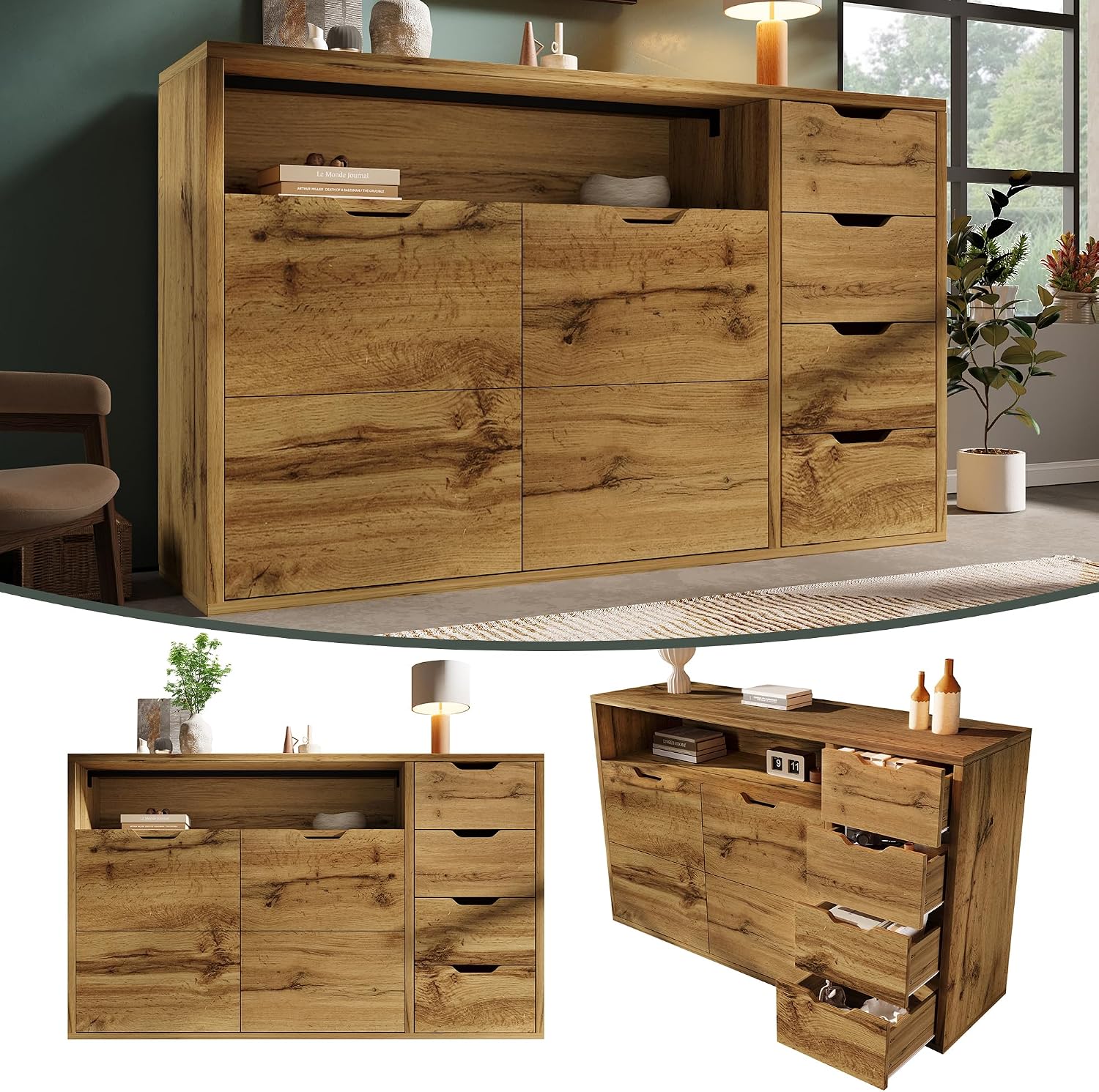 Comò e cassettiere, effetto rovere con vano aperto, ripiani regolabili in altezza, cerniere in metallo soft close e chiusura ribaltabile, 2 ante, NNJN