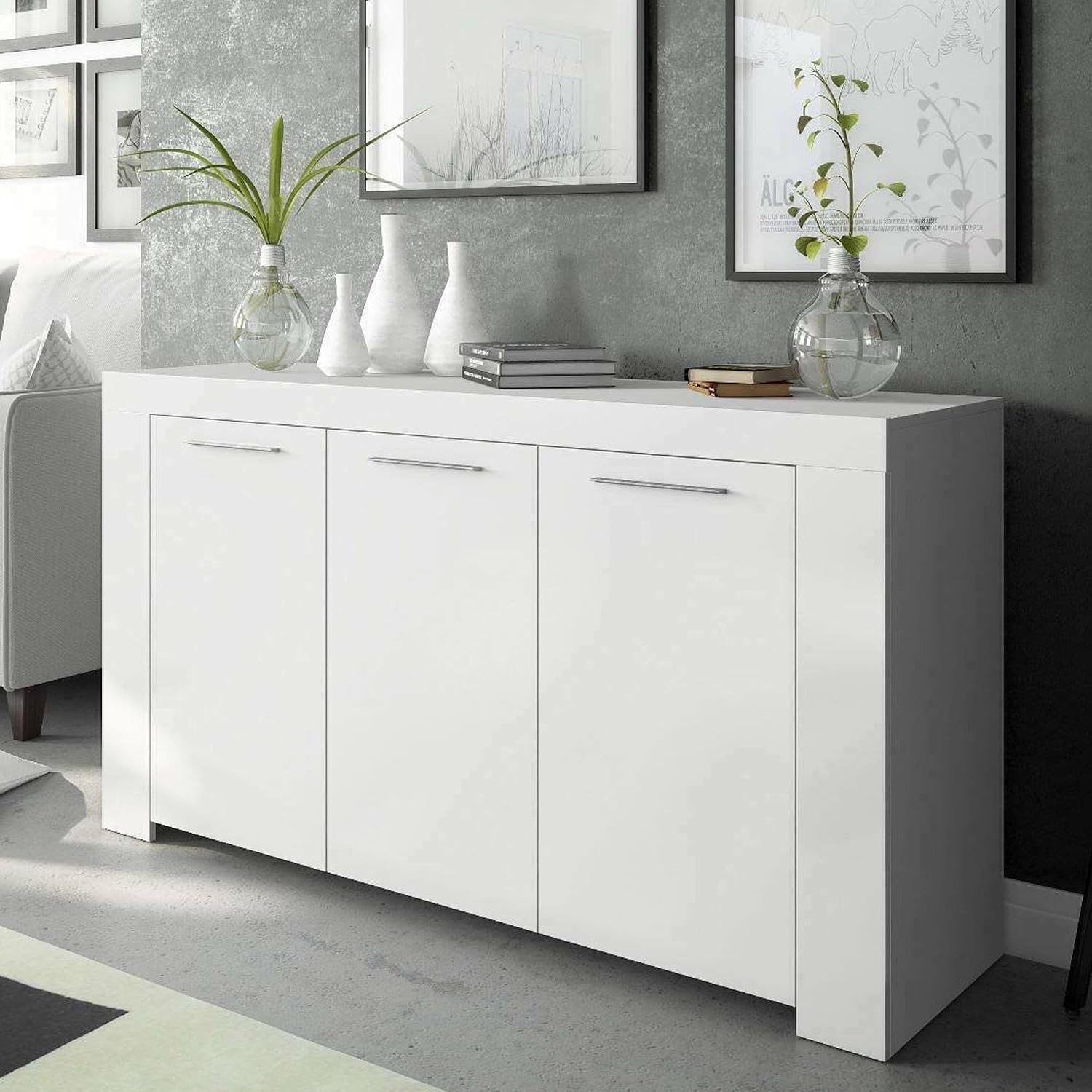 Credenza, Bianco, Madia per salotto, Armadio moderno a 3 ante, 144x42h80 cm, Bellevue, Buffet da soggiorno, Mobile porta TV, Dmora