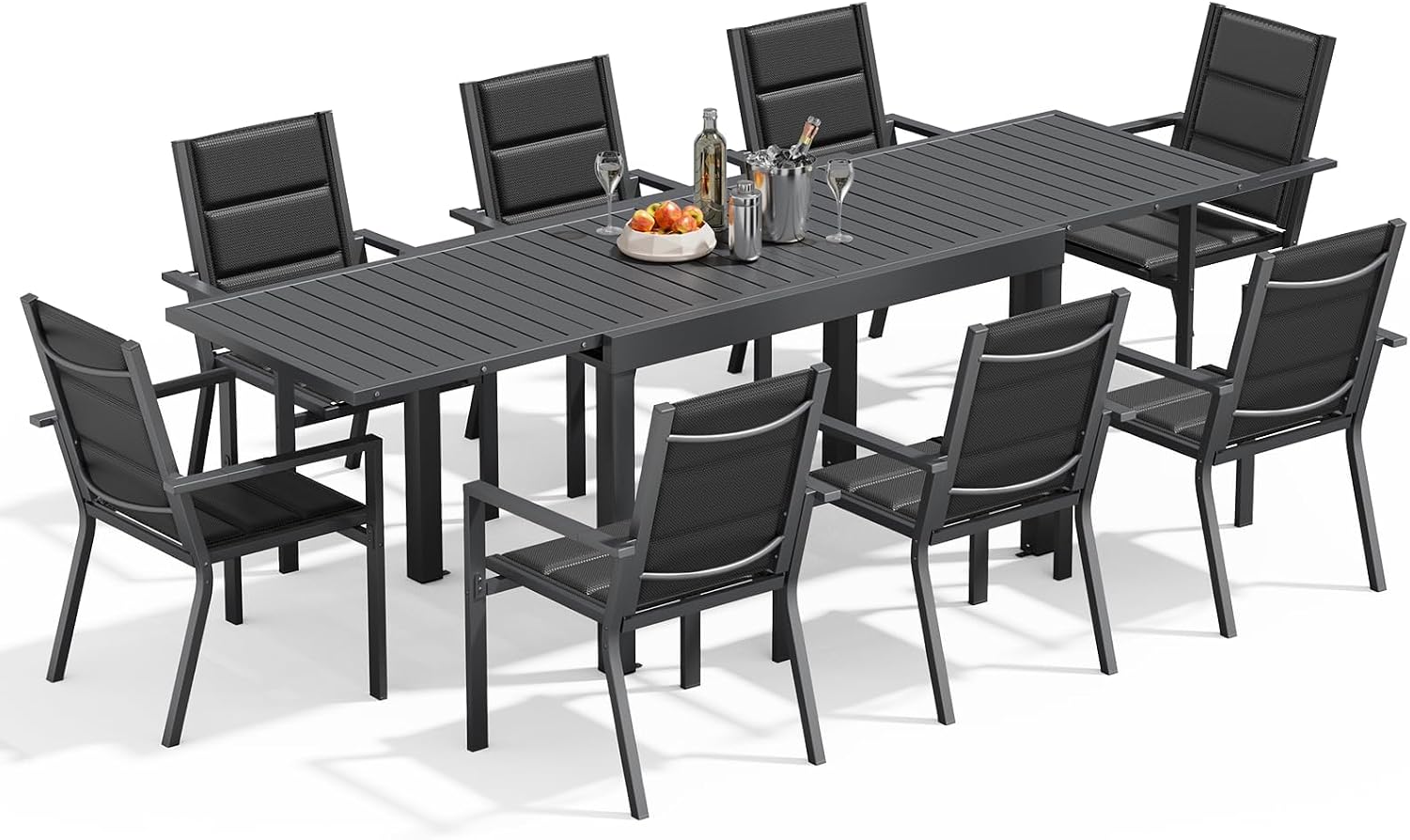 Set da pranzo 130-260CM, Grigio Scuro, 8 Persone Set Tavolo e Sedie Da Giardino In Alluminio, Set Da Giardino Esterno, Devoko