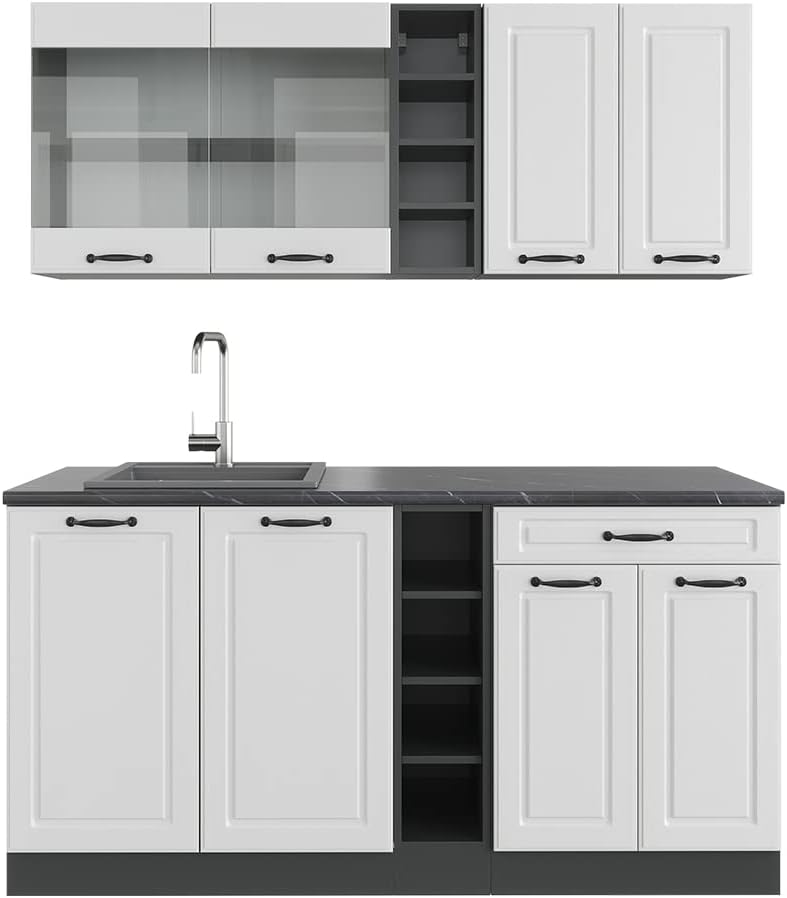 Moduli componibili, antracite, Cucina completa R-Line, adatto per l'espansione individuale con moduli aggiuntivi, Bianco rustico, Vicco