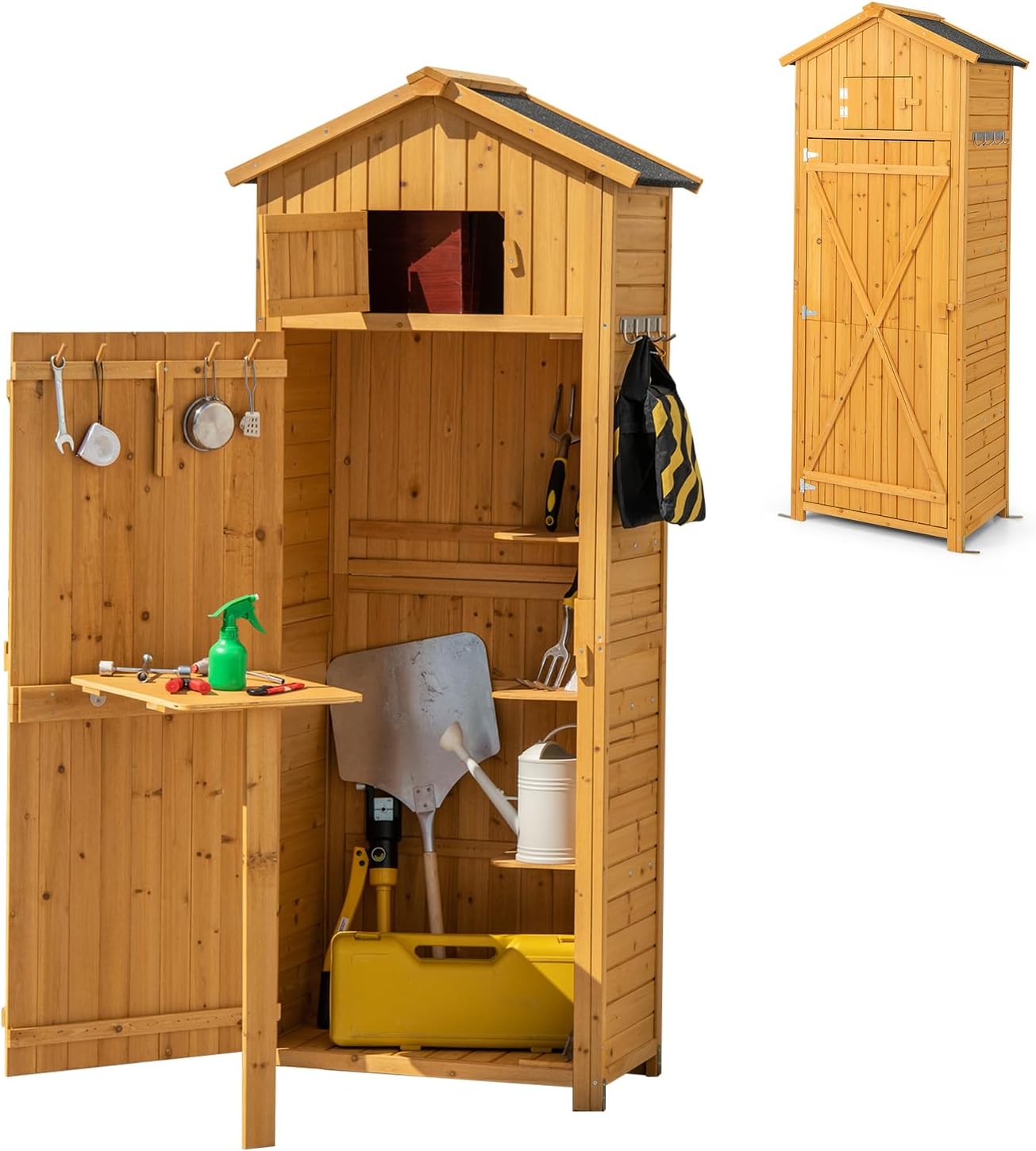 Casetta da giardino, Capanno per Attrezzi Multifunzione, Armadietto da Giardino con Tetto a 2 Falde, in legno, Colore Naturale, Scaffale, KOMFOTTEU