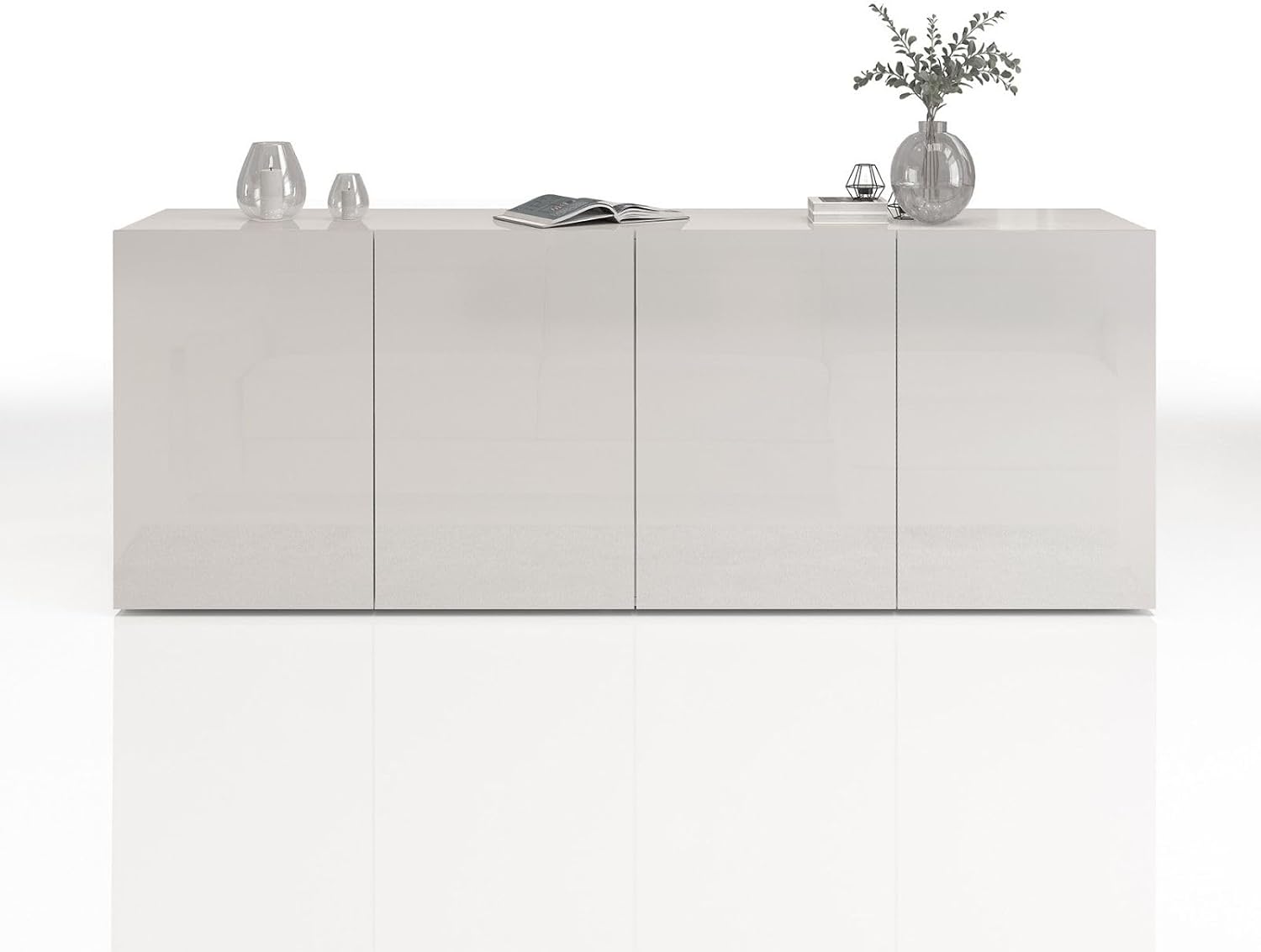 Credenza, Bianco Laccato Lucido, e Buffet EGYPT per Soggiorno con 4 Ante e 4 Vani, Madia per Salotto, Cucina e Sala da Pranzo in Legno, WHOUS