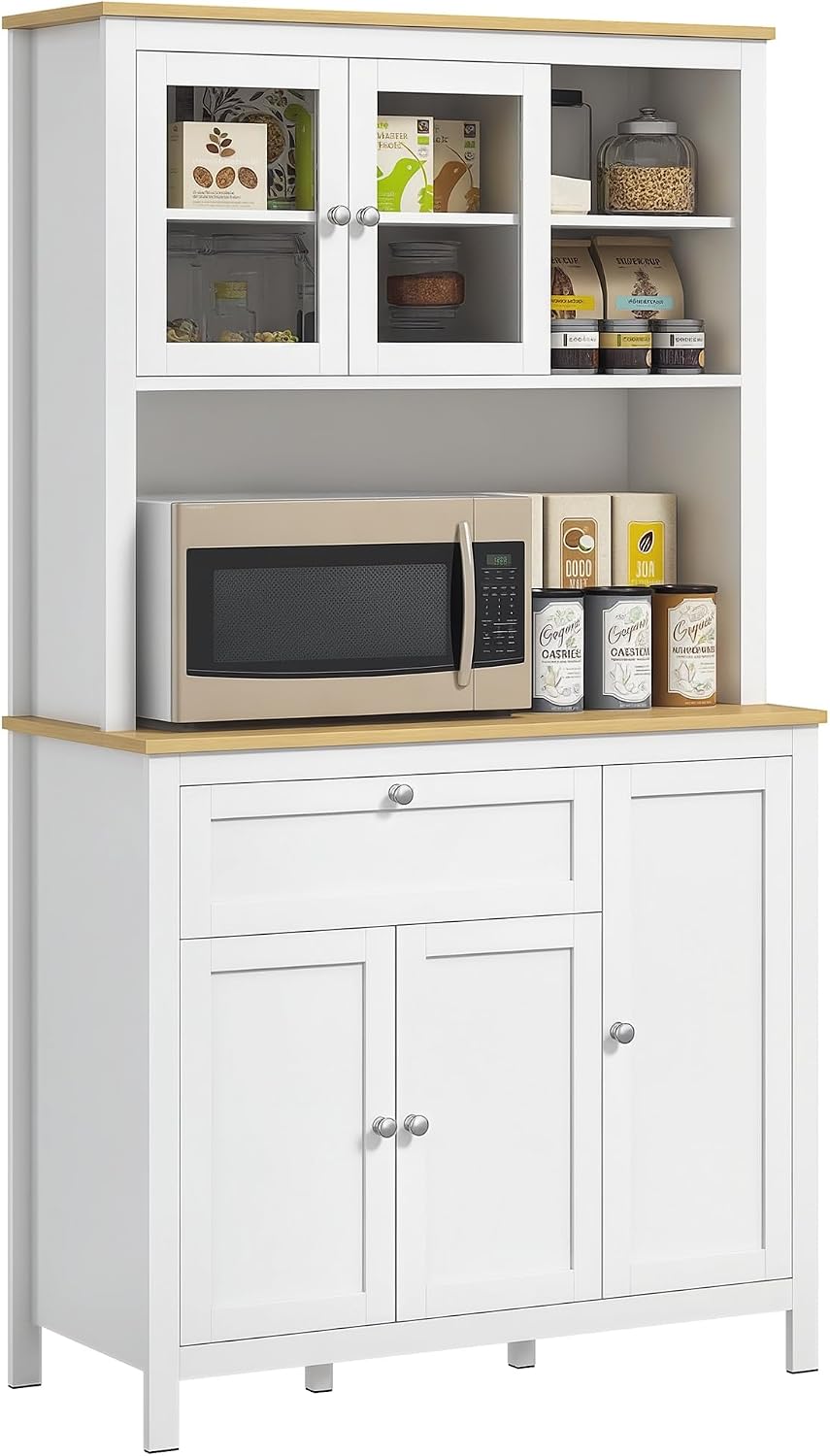 Credenza, Bianco, Cucina con Armadietti, Mobile Cucina per Soggiorno, Cassetto e Piano Portamicroonde, Mobile Dispensa con Ante in Vetro, HOMCOM