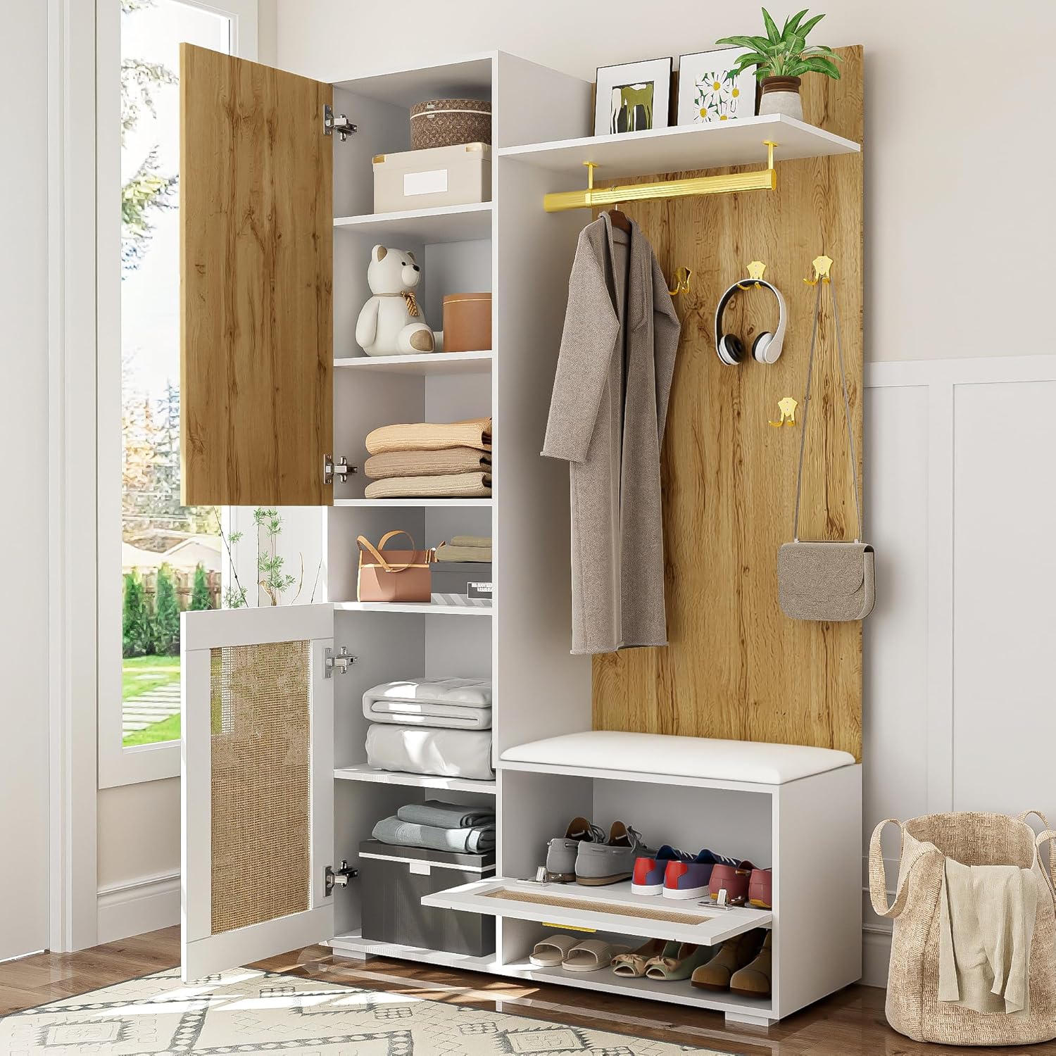 Set arredo ingresso, armadio con specchio, scarpiera, appendiabiti da parete, 110 x 38 x 190 cm, 5 ganci dorati, Set appendiabiti, Moimhear
